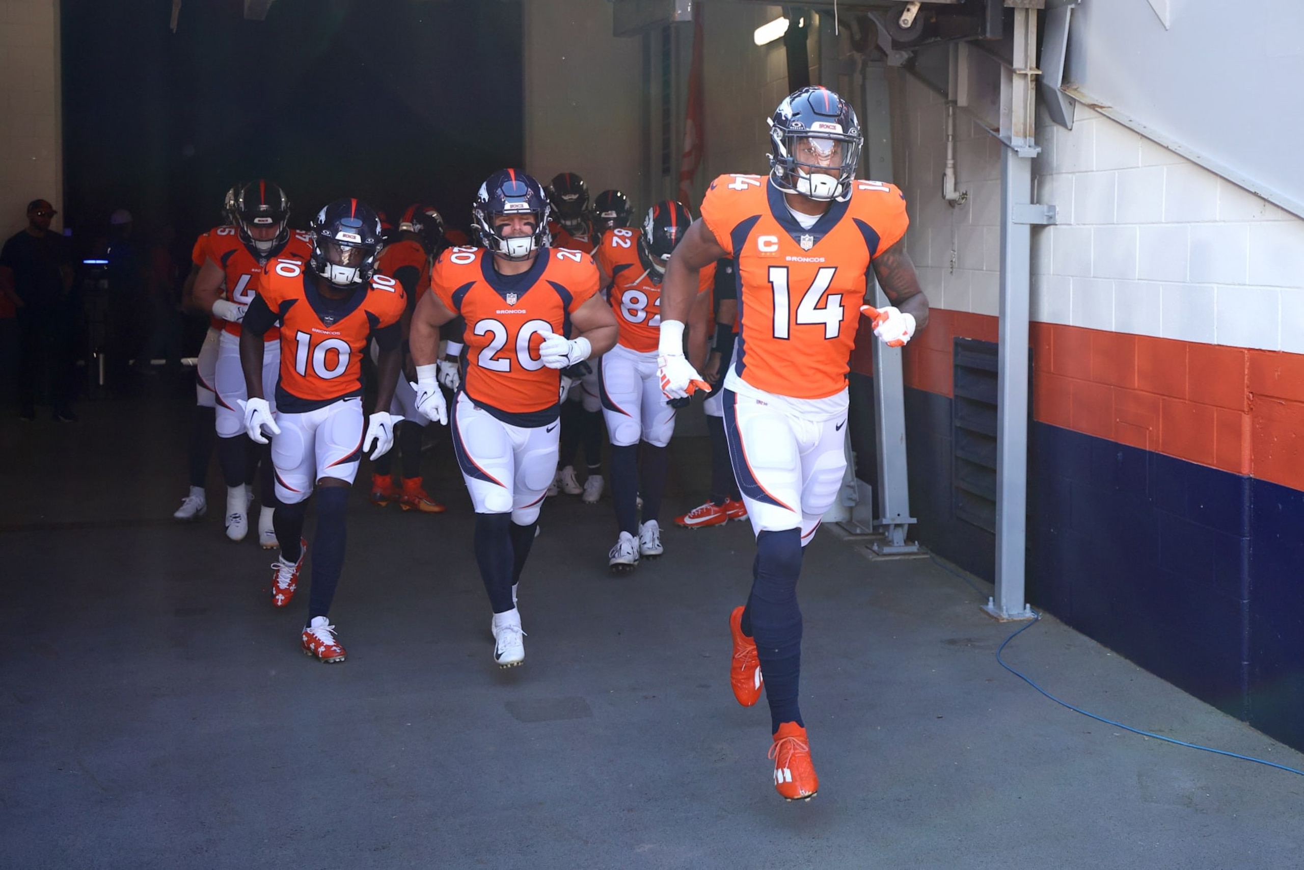 DENVER, COLORADO - OCTOBER 22: Courtland Sutton #14 of the Denver Broncos takes the field against the Green Bay Packers at Empower Field At Mile High on October 22, 2023 in Denver, Colorado. (Photo by Jamie Schwaberow/Getty Images)