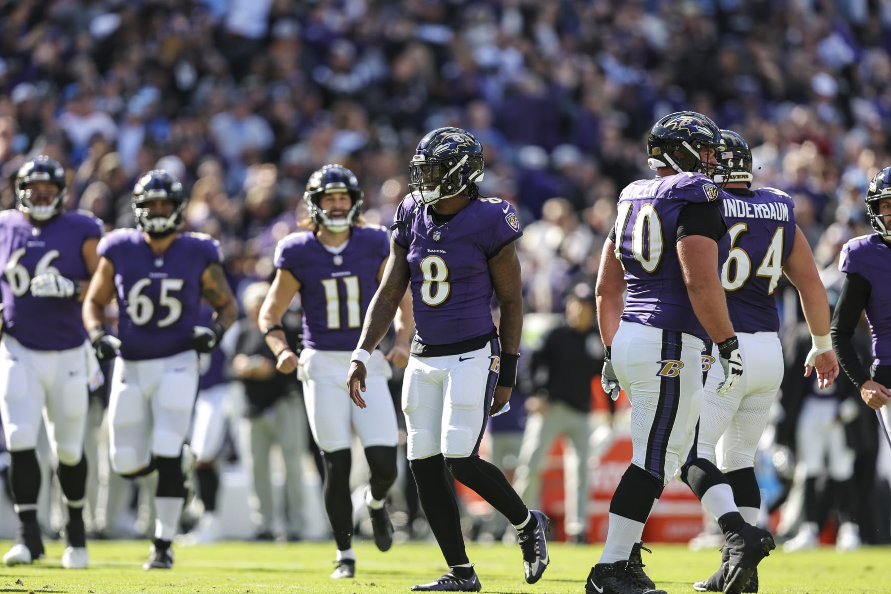 BALTIMORE, MARYLAND - OCTOBER 22: Lamar Jackson #8 of the Baltimore Ravens reacts after a touchdown during an NFL football game between the Baltimore Ravens and the Detroit Lions at M&T Bank Stadium on October 22, 2023 in Baltimore, Maryland. (Photo by Michael Owens/Getty Images)