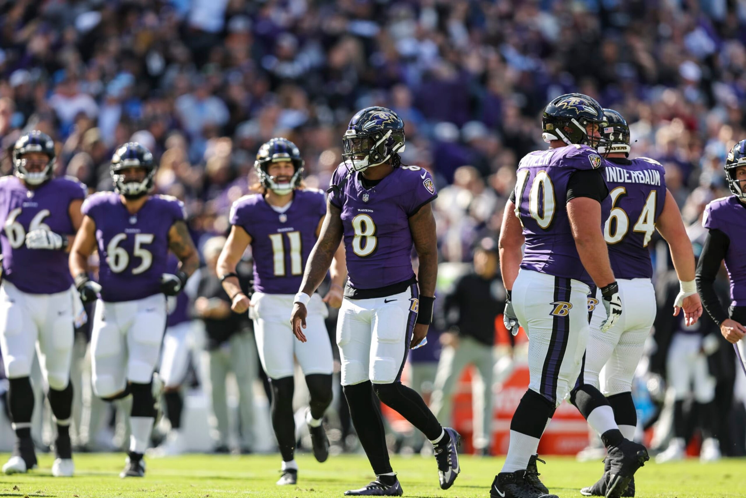 BALTIMORE, MARYLAND - OCTOBER 22: Lamar Jackson #8 of the Baltimore Ravens reacts after a touchdown during an NFL football game between the Baltimore Ravens and the Detroit Lions at M&T Bank Stadium on October 22, 2023 in Baltimore, Maryland. (Photo by Michael Owens/Getty Images)