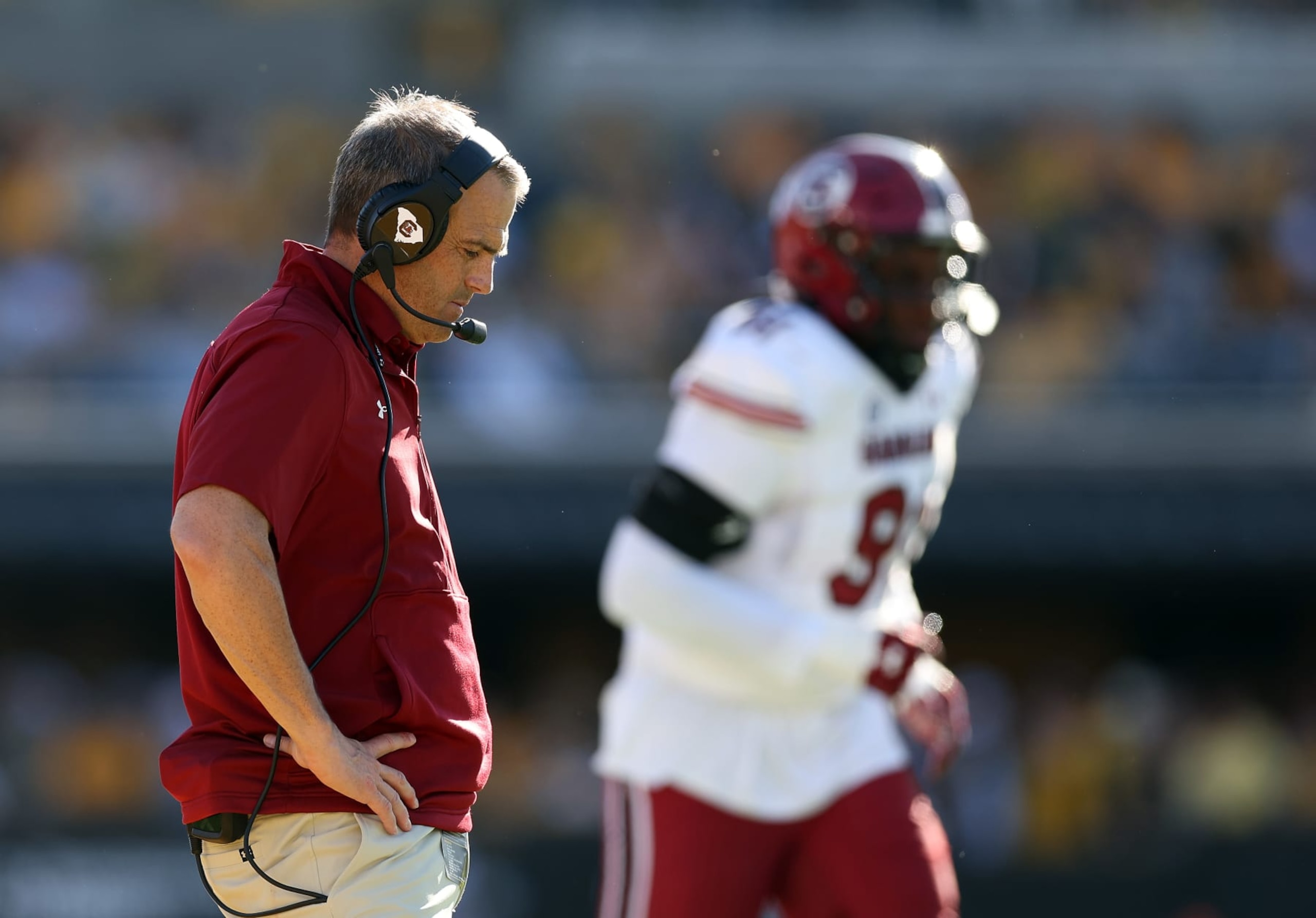 COLUMBIA, MISSOURI - OCTOBER 21:  Head coach Shane Beamer of the South Carolina Gamecocks watches from the sidelines during the game against the Missouri Tigers at Faurot Field/Memorial Stadium on October 21, 2023 in Columbia, Missouri. (Photo by Jamie Squire/Getty Images)