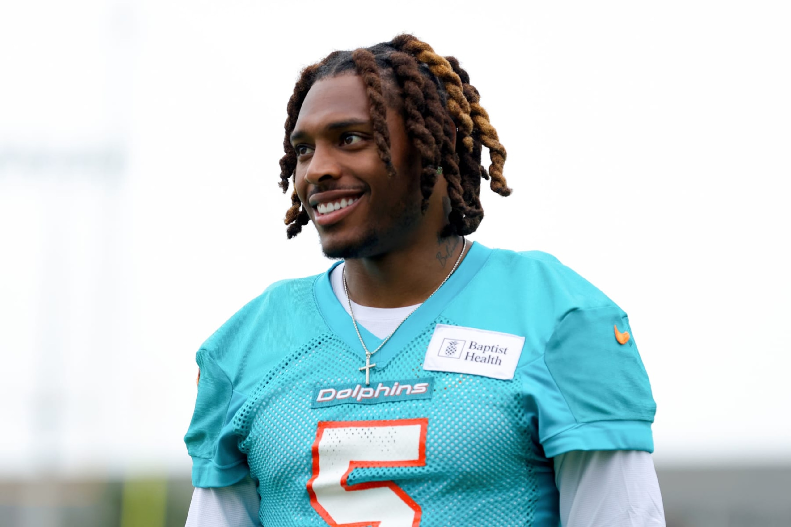 MIAMI GARDENS, FLORIDA - JUNE 06: Jalen Ramsey #5 of the Miami Dolphins looks on after practice at Baptist Health Training Complex on June 06, 2023 in Miami Gardens, Florida. (Photo by Megan Briggs/Getty Images)