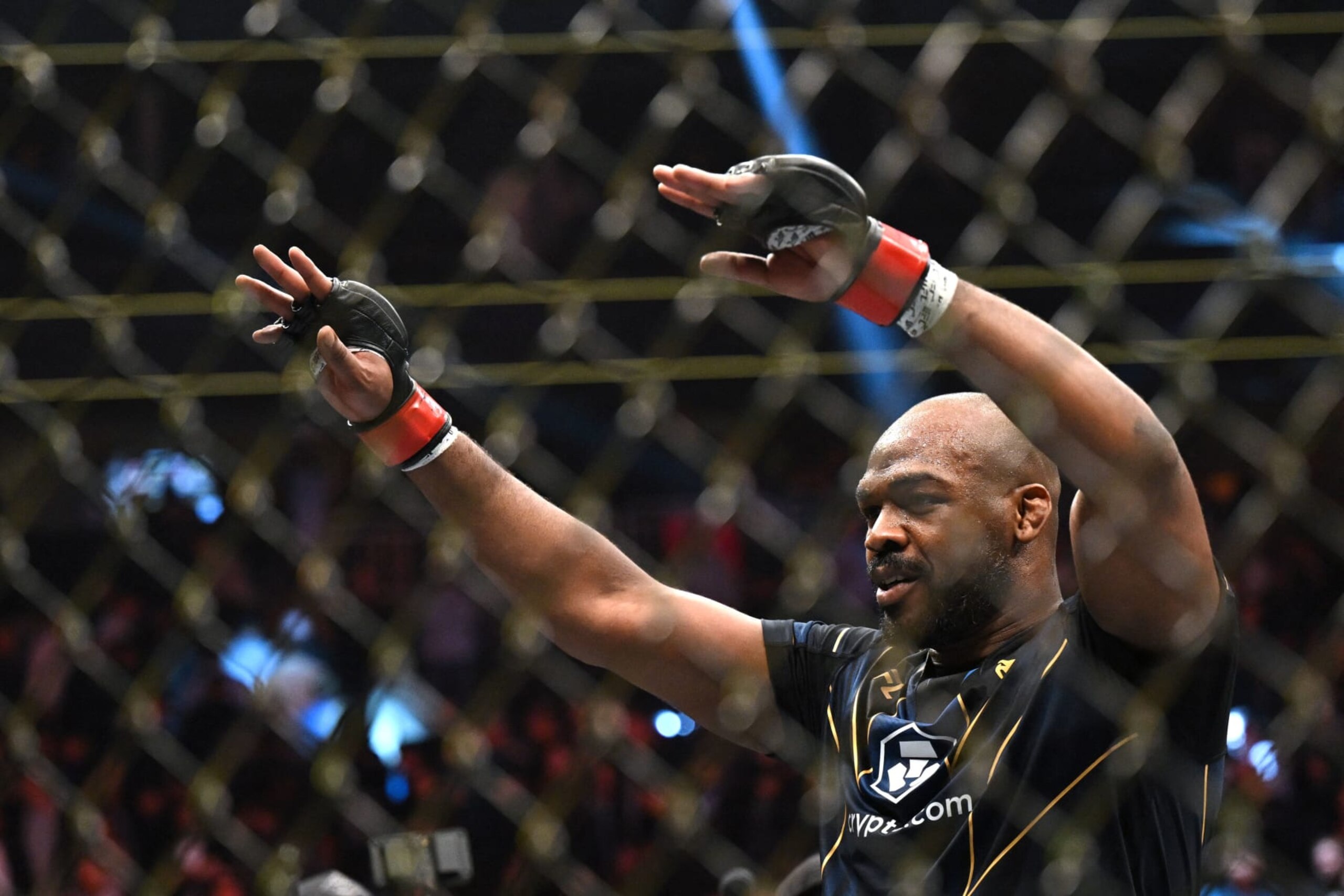 US mixed martial arts fighter Jon Jones celebrates after defeating French mixed martial arts fighter Ciryl Gane during their UFC 285 heavyweight title bout at T-Mobile Arena, in Las Vegas, Nevada, on March 4, 2023. (Photo by Patrick T. Fallon / AFP) (Photo by PATRICK T. FALLON/AFP via Getty Images)
