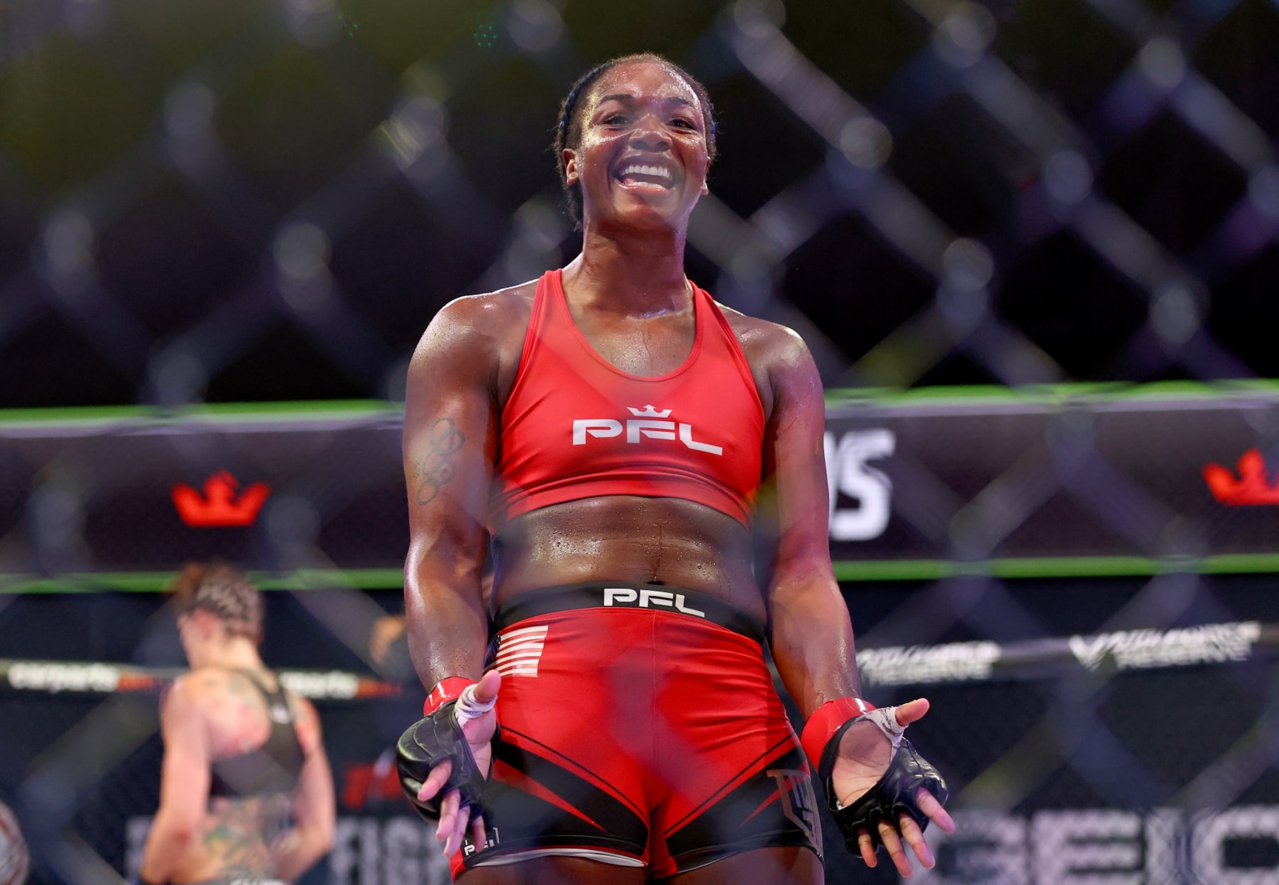 ATLANTIC CITY, NEW JERSEY - JUNE 10: Claressa Shields of the United States celebrates her win over Brittney Elkin of the United States during the lightweight bout in Ovation Hall at Ocean Casino Resort on June 10, 2021 in Atlantic City, New Jersey. (Photo by Elsa/Getty Images)