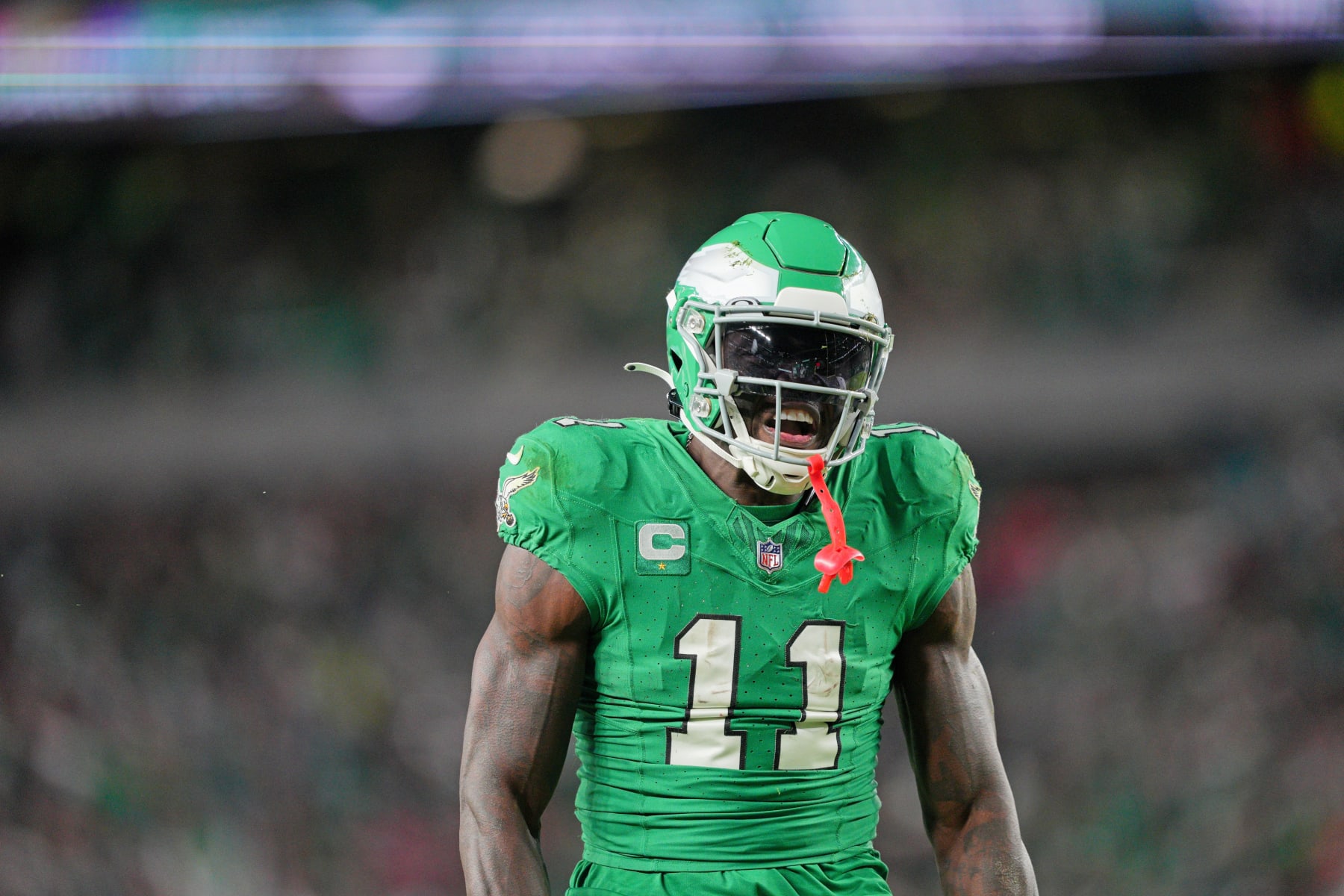 PHILADELPHIA, PA - OCTOBER 22: Philadelphia Eagles wide receiver A.J. Brown (11) looks on during the game between the Miami Dolphins and the Philadelphia Eagles on October 22, 2023 at Lincoln Financial Field. (Photo by Andy Lewis/Icon Sportswire via Getty Images)