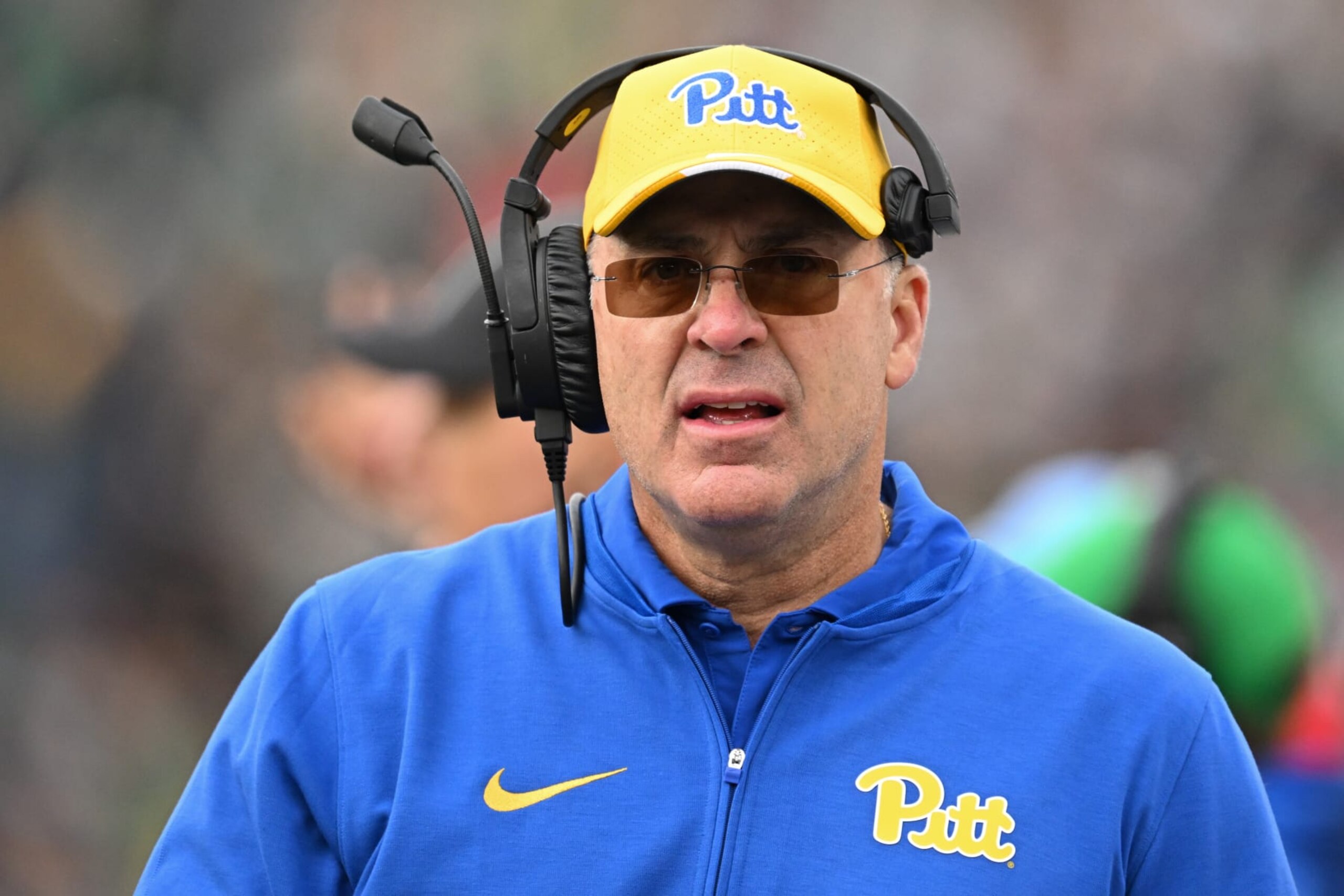 SOUTH BEND, INDIANA - OCTOBER 28: Head coach Pat Narduzzi of the Pittsburgh Panthers looks on during the first half against the Notre Dame Fighting Irish at Notre Dame Stadium on October 28, 2023 in South Bend, Indiana. (Photo by Quinn Harris/Getty Images)