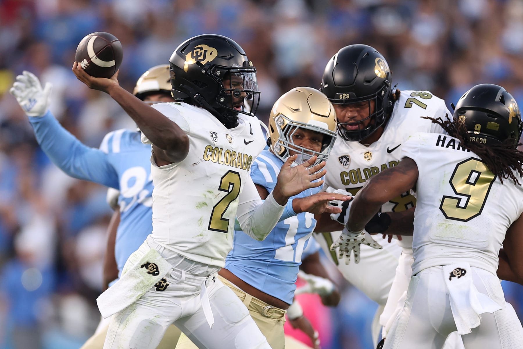 PASADENA, CALIFORNIA - OCTOBER 28: Shedeur Sanders #2 of the Colorado Buffaloes passes the ball during the first half of a game against the UCLA Bruins at Rose Bowl Stadium on October 28, 2023 in Pasadena, California. (Photo by Sean M. Haffey/Getty Images)