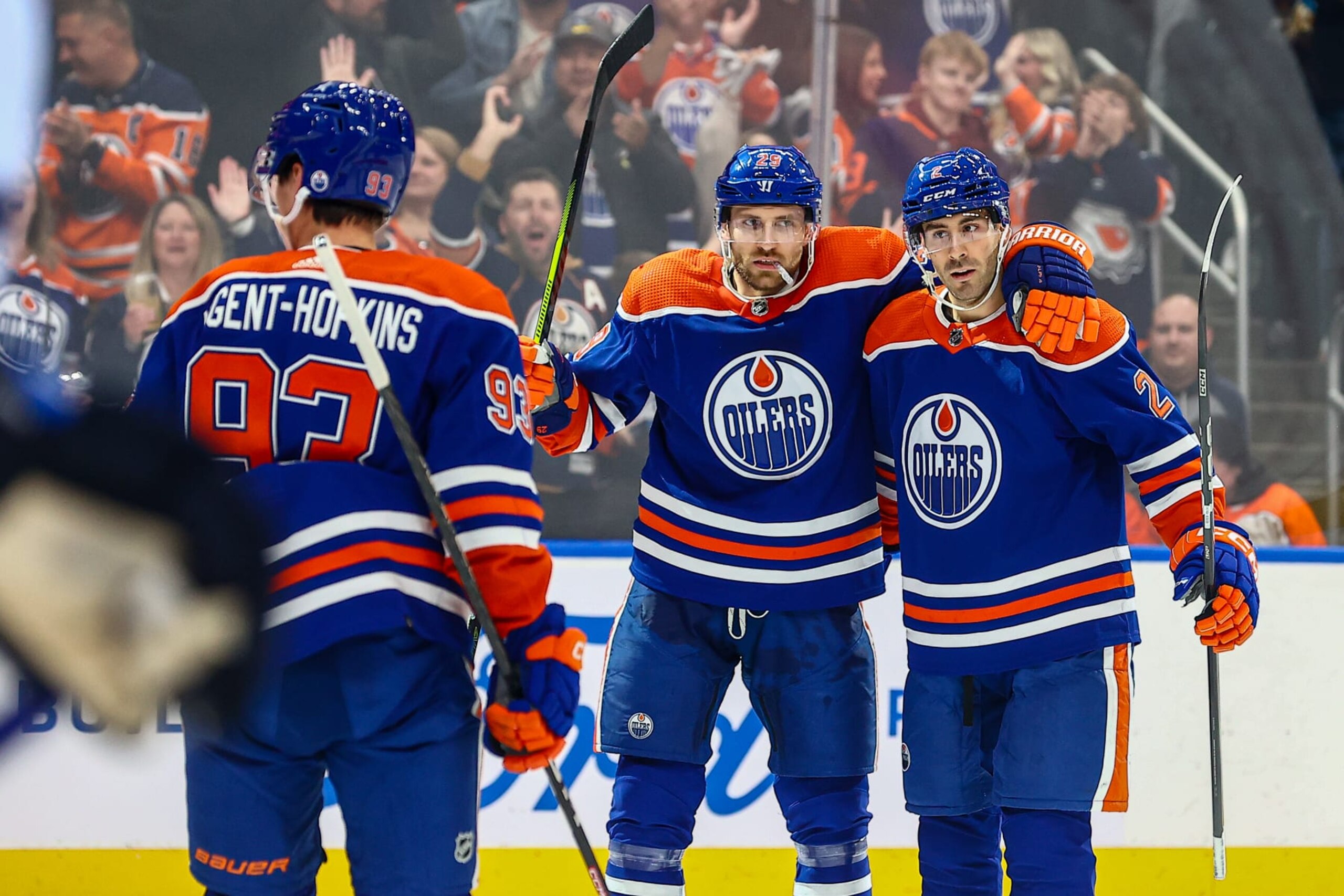 EDMONTON, AB - OCTOBER 21: Edmonton Oilers Center Leon Draisaitl (29) and Edmonton Oilers Defenceman Evan Bouchard (2) celebrate a power pay goal in the first period of the Edmonton Oilers game versus the Winnipeg Jets on October 21, 2023 at Rogers Place in Edmonton, AB. (Photo by Curtis Comeau/Icon Sportswire via Getty Images)