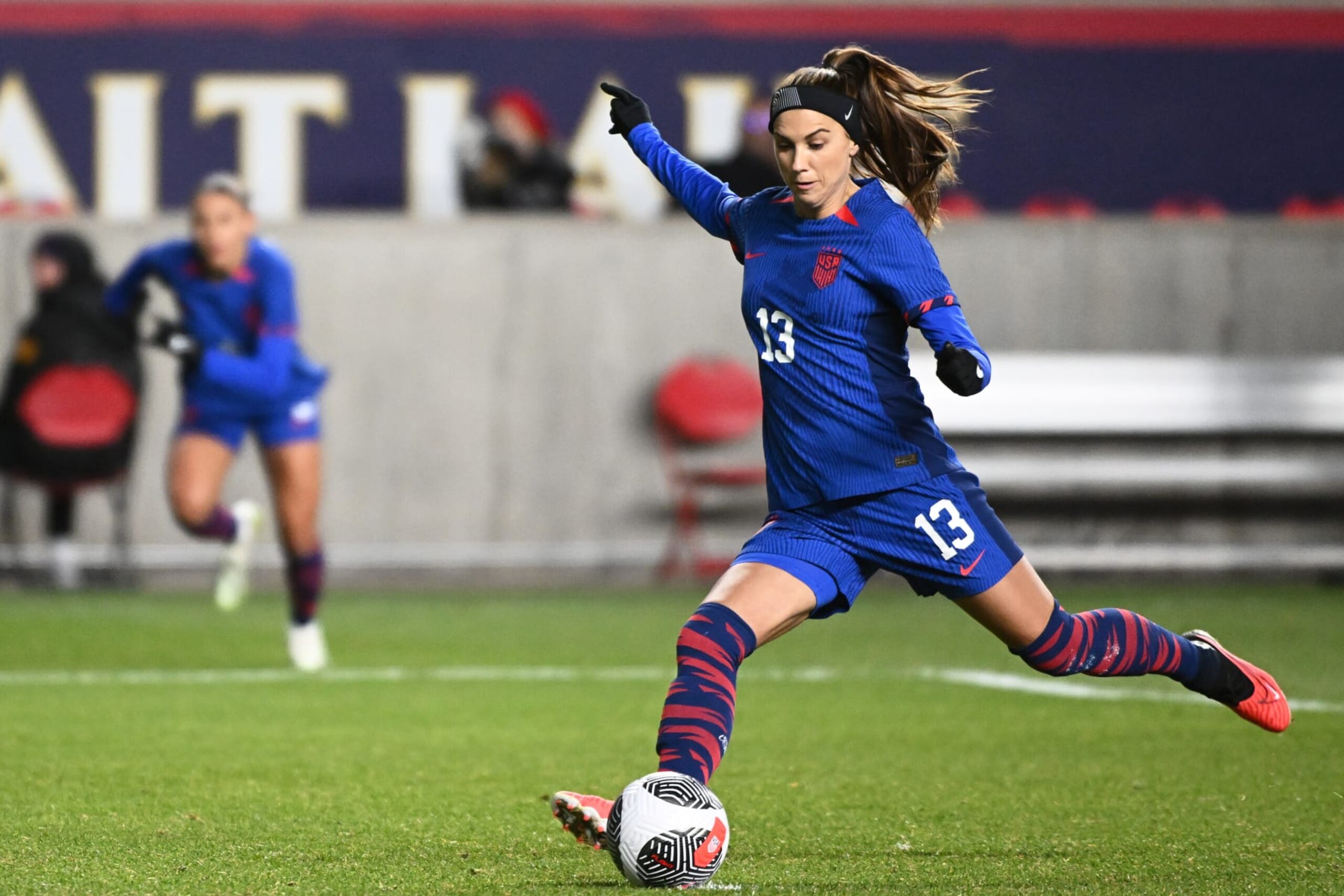 SANDY, UTAH - OCTOBER 26: Alex Morgan #13 of the United States takes a penalty kick during the first half of an international friendly match against Colombia at America First Field on October 26, 2023 in Sandy, Utah. (Photo by Alex Goodlett/USSF/Getty Images for USSF)