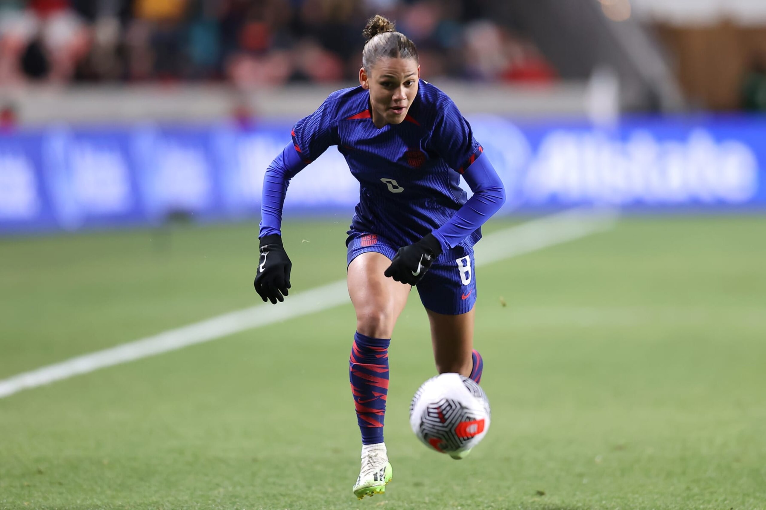 SANDY, UTAH - OCTOBER 26: Trinity Rodman #8 of the United States advances the ball during the second half of an international friendly match aat America First Field on October 26, 2023 in Sandy, Utah. (Photo by Rob Gray/ISI Photos/USSF/Getty Images for USSF)