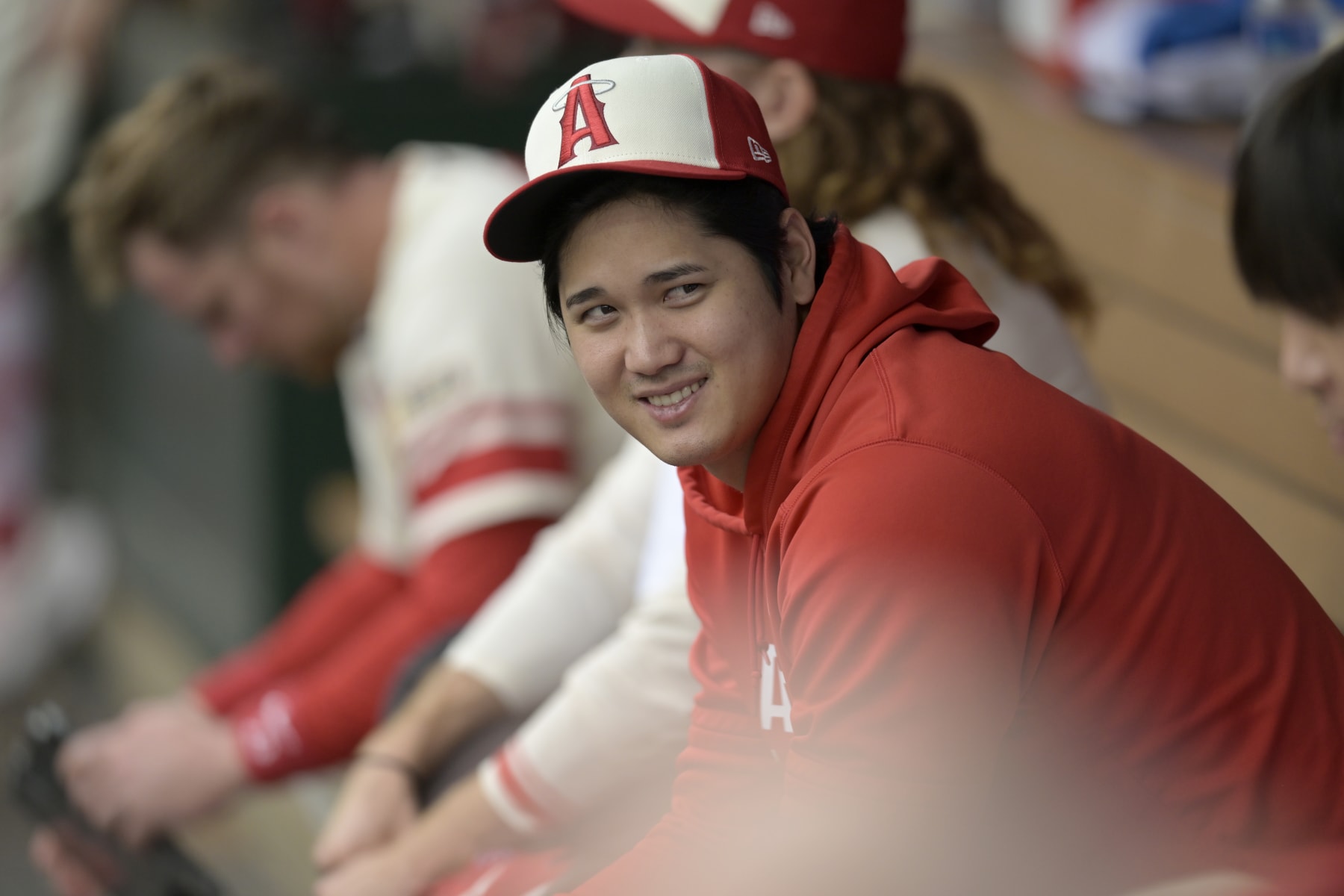ANAHEIM, CALIFORNIA - SEPTEMBER 17: Shohei Ohtani #17 of the Los Angeles Angels in the dugout while playing the Detroit Tigers  at Angel Stadium of Anaheim on September 17, 2023 in Anaheim, California. (Photo by John McCoy/Getty Images)