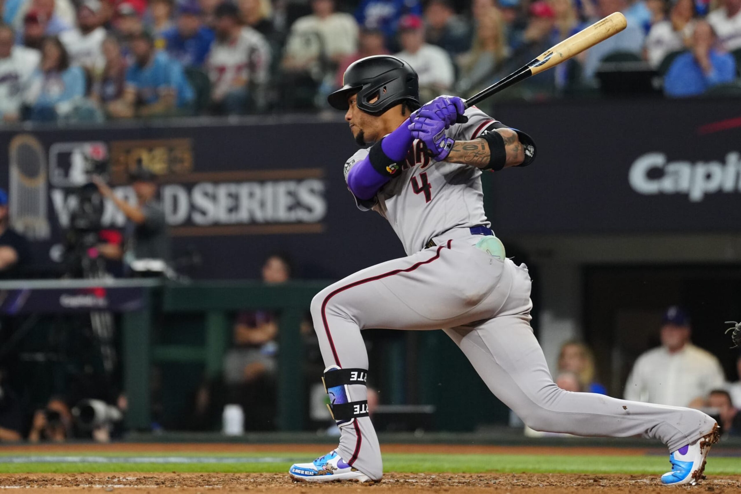 ARLINGTON, TX - OCTOBER 28:  Ketel Marte #4 of the Arizona Diamondbacks hits a two-run single in the eighth inning during Game 2 of the 2023 World Series between the Arizona Diamondbacks and the Texas Rangers at Globe Life Field on Saturday, October 28, 2023 in Arlington, Texas. (Photo by Daniel Shirey/MLB Photos via Getty Images)