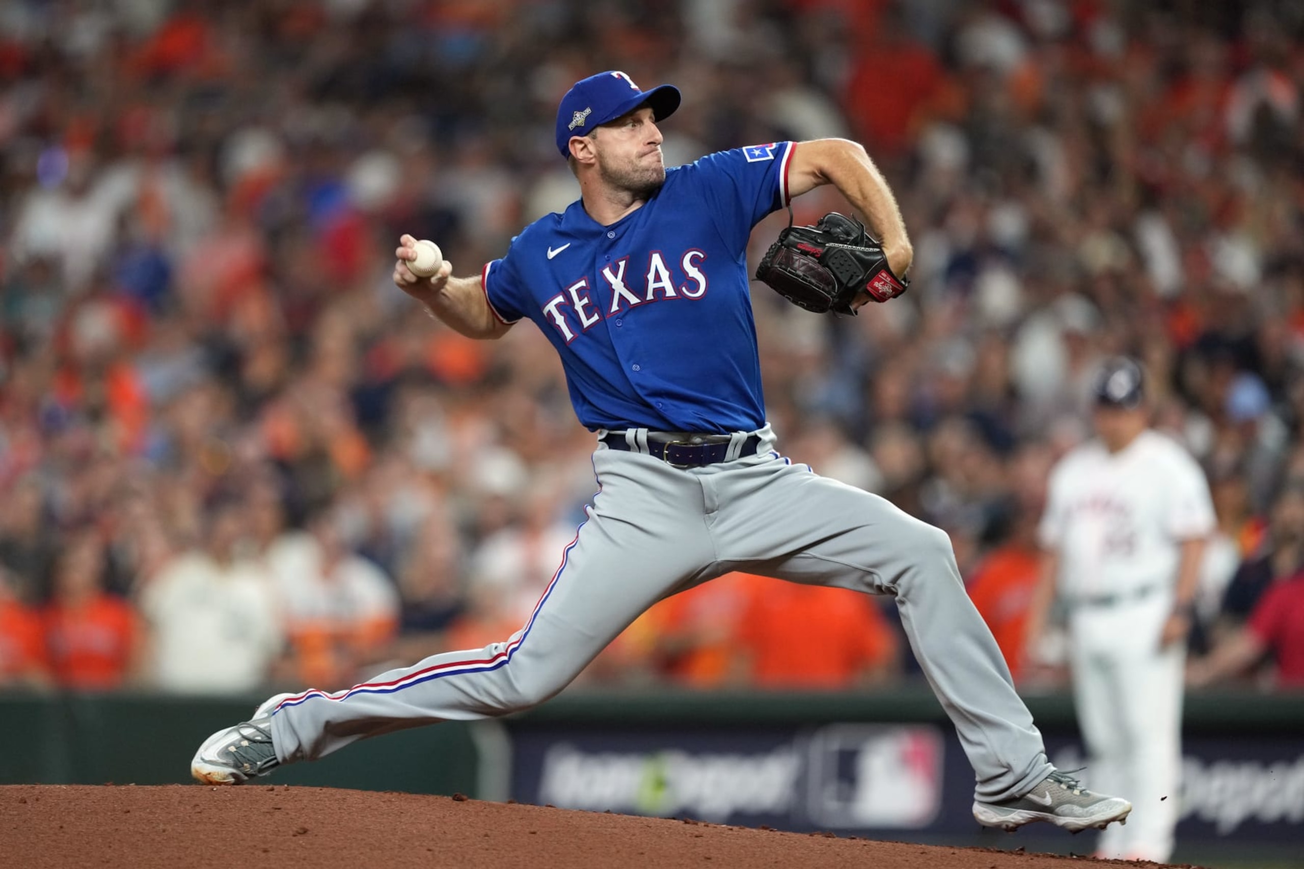 HOUSTON, TX - OCTOBER 23: Max Scherzer #31 of the Texas Rangers pitches in the first inning during Game 7 of the ALCS between the Texas Rangers and the Houston Astros at Minute Maid Park on Monday, October 23, 2023 in Houston, Texas. (Photo by Alex Bierens de Haan/MLB Photos via Getty Images)