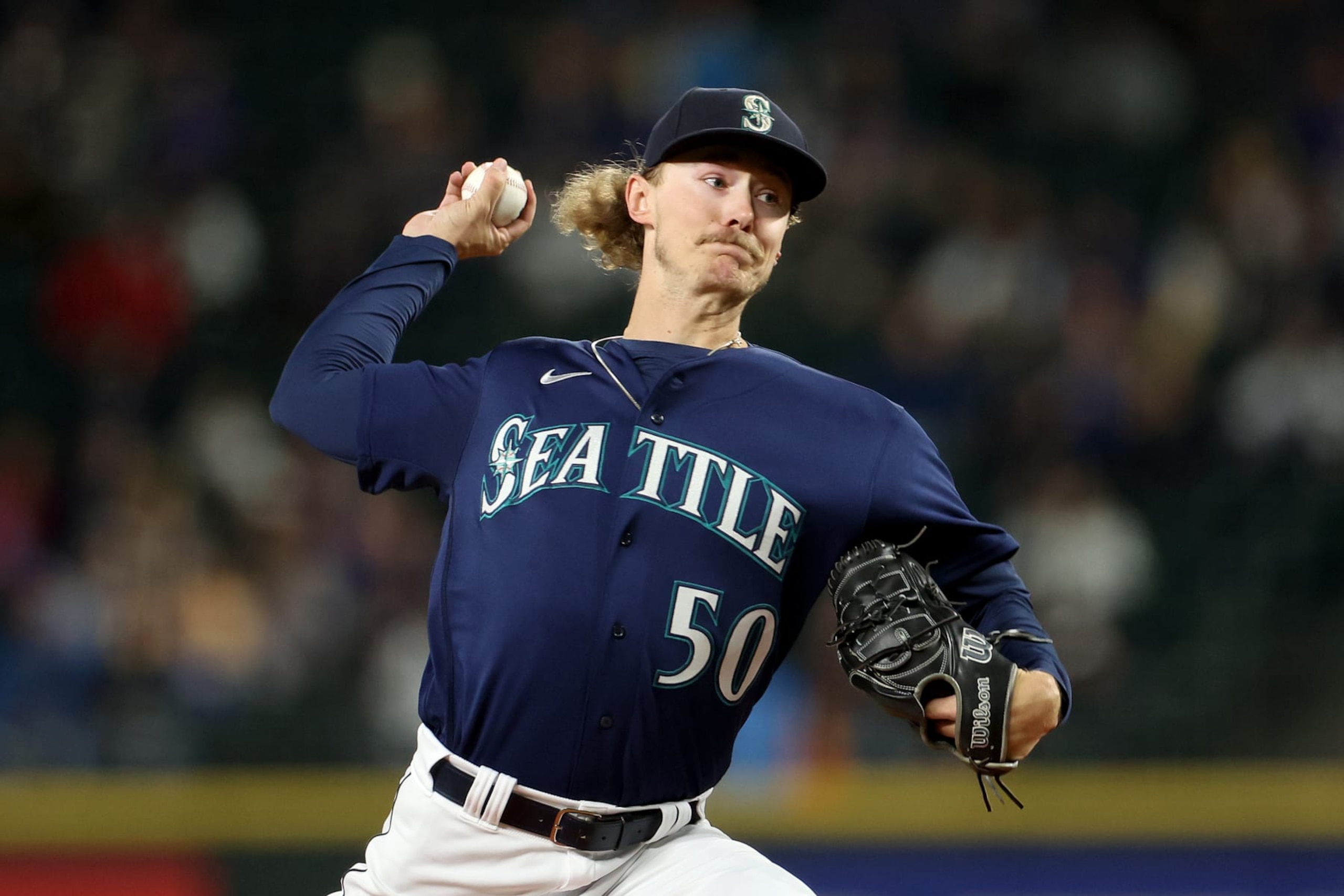 SEATTLE, WASHINGTON - SEPTEMBER 27: Bryce Miller #50 of the Seattle Mariners pitches during the first inning against the Houston Astros at T-Mobile Park on September 27, 2023 in Seattle, Washington. (Photo by Steph Chambers/Getty Images) SEATTLE, WASHINGTON - SEPTEMBER 27: Bryce Miller #50 of the Seattle Mariners pitches during the first inning against the Houston Astros at T-Mobile Park on September 27, 2023 in Seattle, Washington. (Photo by Steph Chambers/Getty Images)