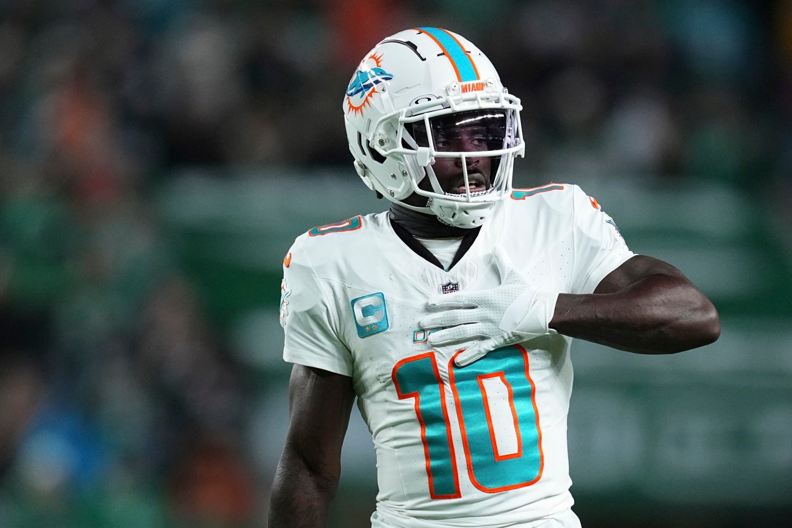 PHILADELPHIA, PENNSYLVANIA - OCTOBER 22: Tyreek Hill #10 of the Miami Dolphins looks on against the Philadelphia Eagles at Lincoln Financial Field on October 22, 2023 in Philadelphia, Pennsylvania. (Photo by Mitchell Leff/Getty Images)