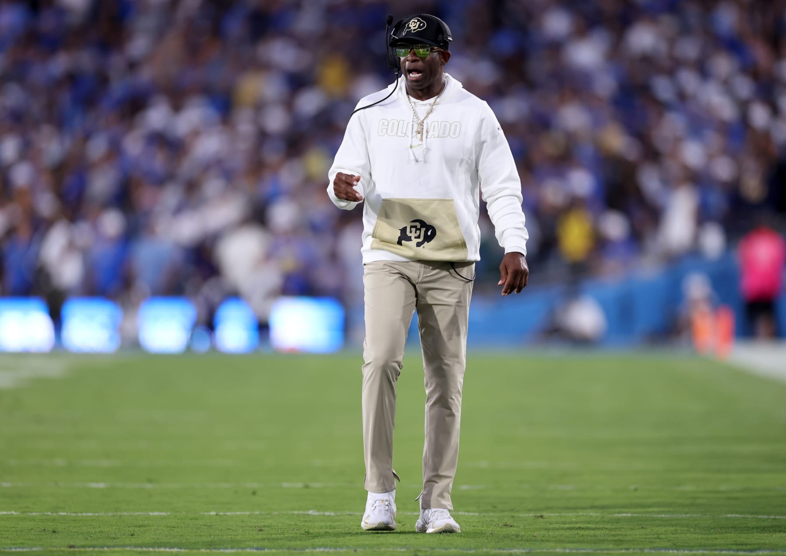 PASADENA, CALIFORNIA - OCTOBER 28: Head coach Deion Sanders of the Colorado Buffaloes looks on from the sidelines during the first half of a game against the UCLA Bruins at Rose Bowl Stadium on October 28, 2023 in Pasadena, California. (Photo by Sean M. Haffey/Getty Images)