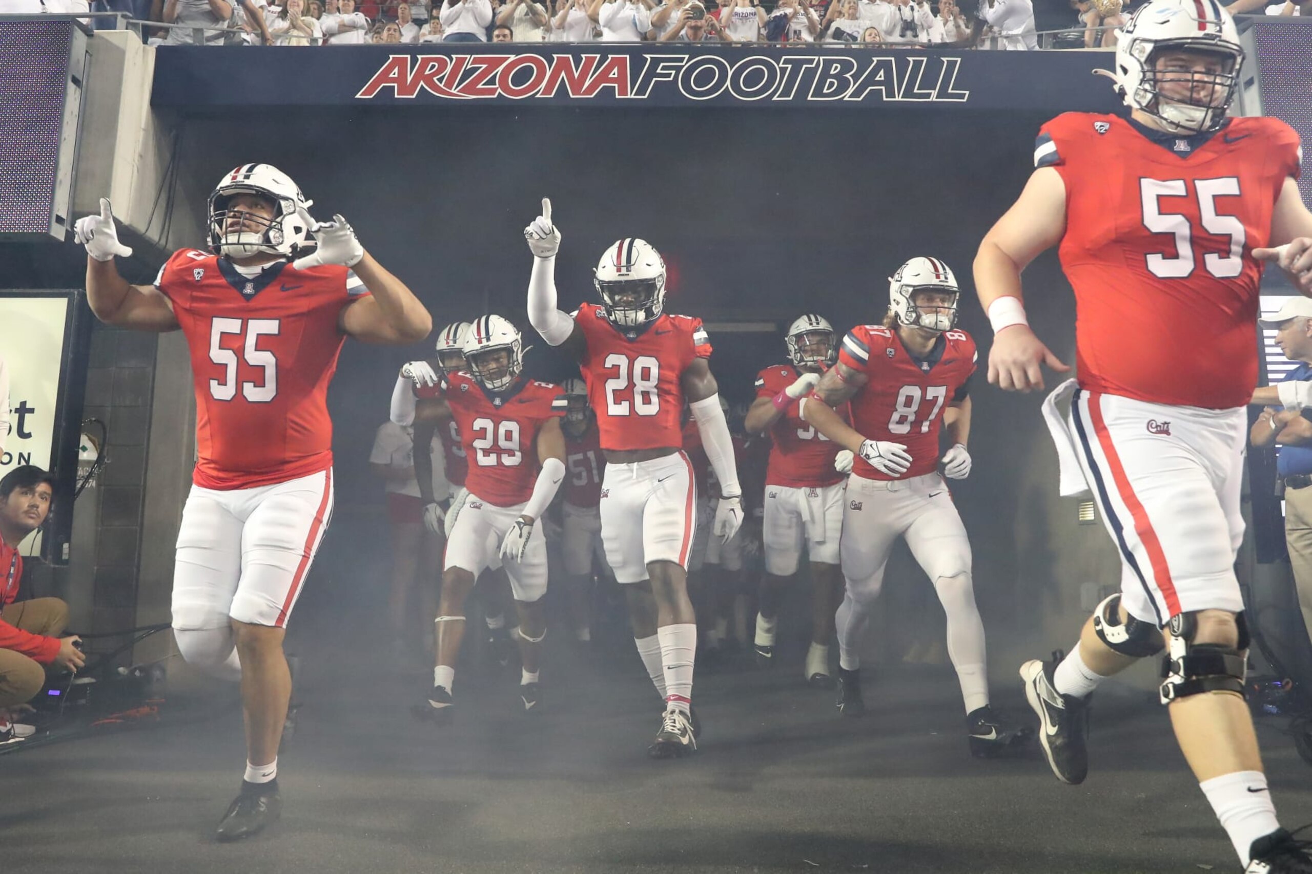 TUCSON, AZ - OCTOBER 28: Arizona Wildcats running back Nazar Bombata #28 enters the field at the beginning of a football game between the Oregon State Beavers and the University of Arizona Wildcats on October 28, 2023 at Arizona Stadium in Tucson, AZ. (Photo by Christopher Hook/Icon Sportswire via Getty Images) TUCSON, AZ - OCTOBER 28: Arizona Wildcats running back Nazar Bombata #28 enters the field at the beginning of a football game between the Oregon State Beavers and the University of Arizona Wildcats on October 28, 2023 at Arizona Stadium in Tucson, AZ. (Photo by Christopher Hook/Icon Sportswire via Getty Images)