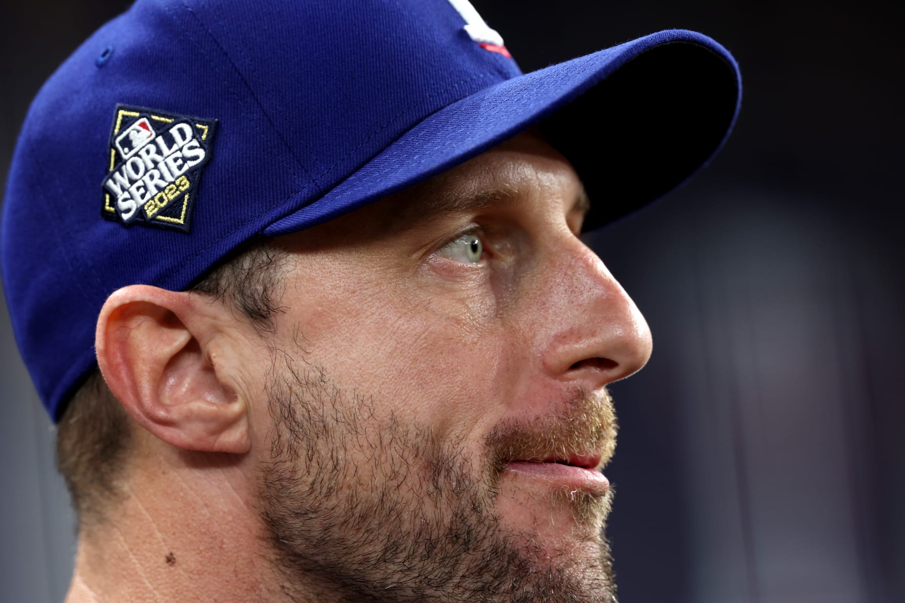 ARLINGTON, TEXAS - OCTOBER 27: Max Scherzer #31 of the Texas Rangers looks on from the dugout prior to Game One of the World Series against the Arizona Diamondbacks at Globe Life Field on October 27, 2023 in Arlington, Texas. (Photo by Jamie Squire/Getty Images)