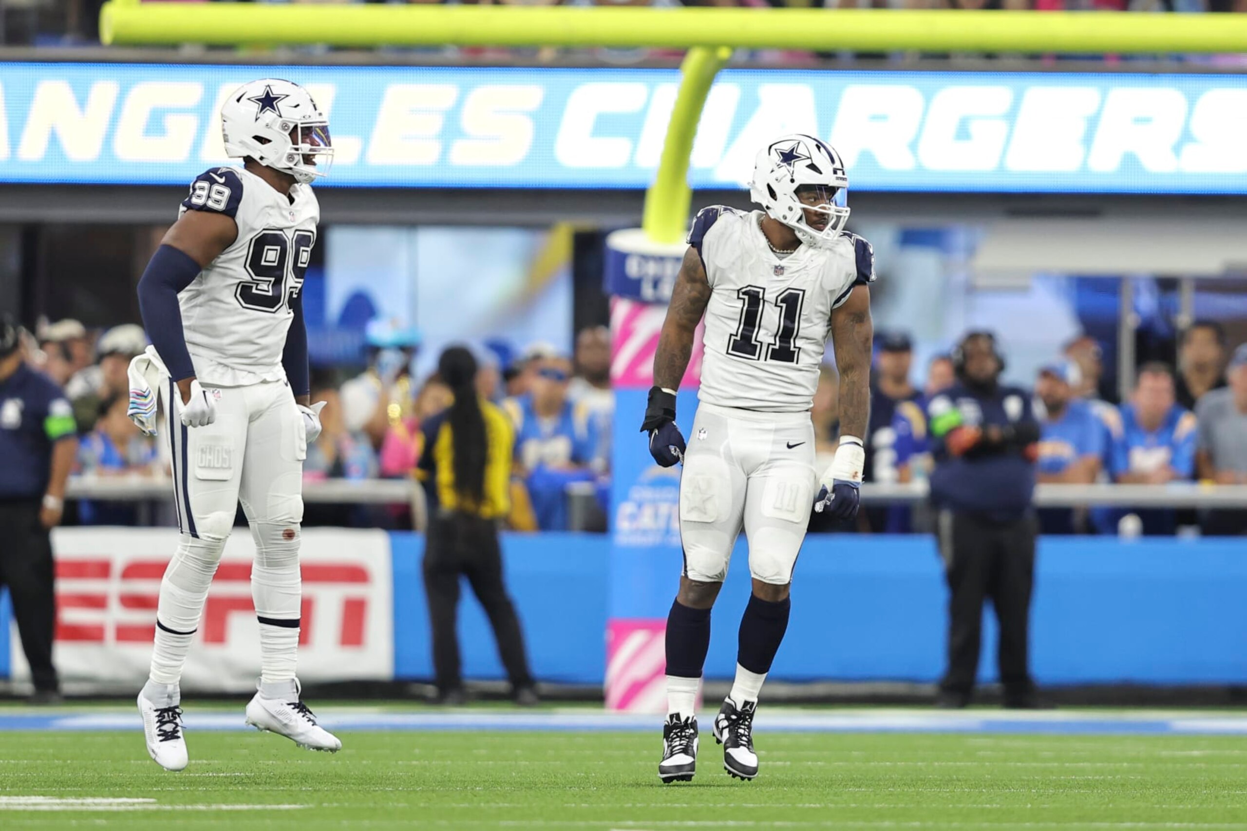 INGLEWOOD, CALIFORNIA - OCTOBER 16: Micah Parsons #11 of the Dallas Cowboys reacts after a sack during an NFL football game between the Los Angeles Chargers and the Dallas Cowboys at SoFi Stadium on October 16, 2023 in Inglewood, California. (Photo by Michael Owens/Getty Images) INGLEWOOD, CALIFORNIA - OCTOBER 16: Micah Parsons #11 of the Dallas Cowboys reacts after a sack during an NFL football game between the Los Angeles Chargers and the Dallas Cowboys at SoFi Stadium on October 16, 2023 in Inglewood, California. (Photo by Michael Owens/Getty Images)