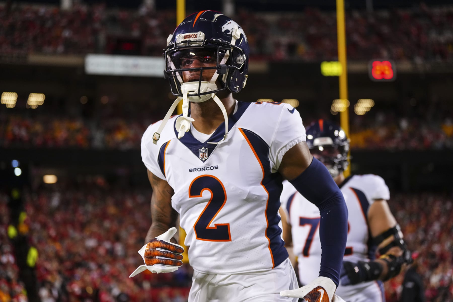 KANSAS CITY, MO - OCTOBER 12: Pat Surtain II #2 of the Denver Broncos runs out of the tunnel prior to an NFL football game against the Kansas City Chiefs at GEHA Field at Arrowhead Stadium on October 12, 2023 in Kansas City, Missouri. (Photo by Cooper Neill/Getty Images)