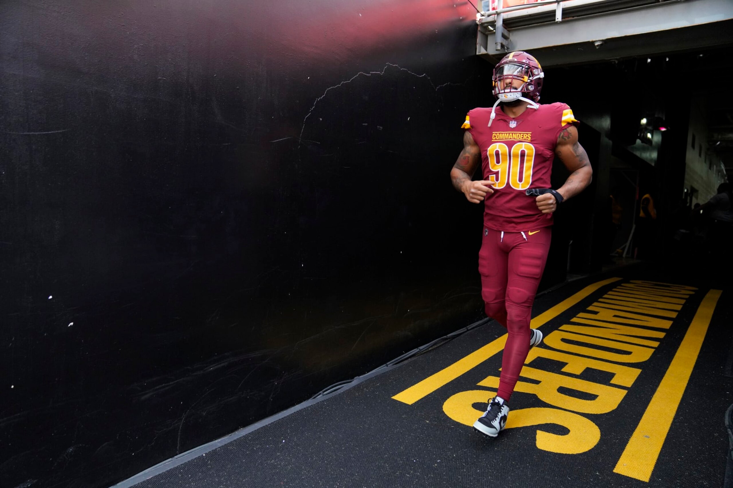 LANDOVER, MARYLAND - OCTOBER 29: Montez Sweat #90 of the Washington Commanders takes to the field prior to a game against the Philadelphia Eagles at FedExField on October 29, 2023 in Landover, Maryland. (Photo by Jess Rapfogel/Getty Images) LANDOVER, MARYLAND - OCTOBER 29: Montez Sweat #90 of the Washington Commanders takes to the field prior to a game against the Philadelphia Eagles at FedExField on October 29, 2023 in Landover, Maryland. (Photo by Jess Rapfogel/Getty Images)