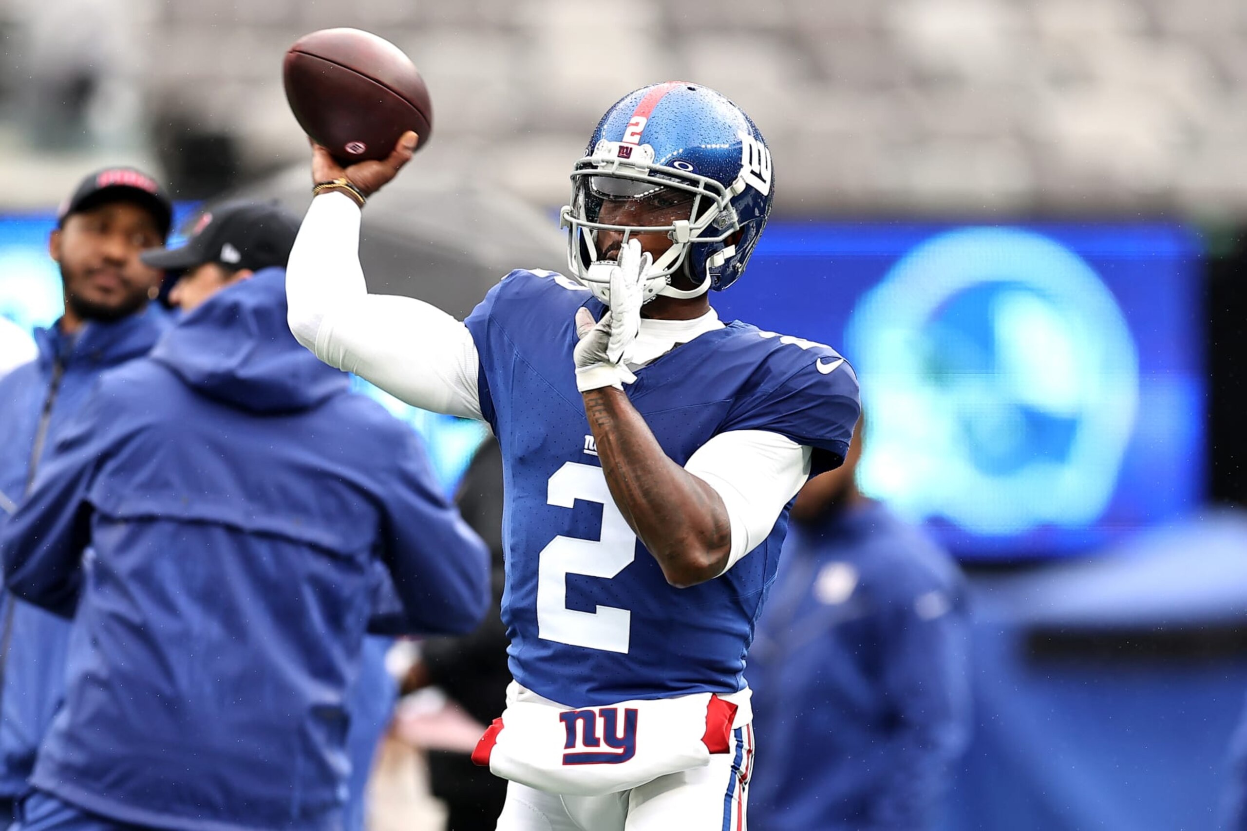 EAST RUTHERFORD, NEW JERSEY - OCTOBER 29: Tyrod Taylor #2 of the New York Giants looks on prior to a game against the New York Jets at MetLife Stadium on October 29, 2023 in East Rutherford, New Jersey. (Photo by Dustin Satloff/Getty Images) EAST RUTHERFORD, NEW JERSEY - OCTOBER 29: Tyrod Taylor #2 of the New York Giants looks on prior to a game against the New York Jets at MetLife Stadium on October 29, 2023 in East Rutherford, New Jersey. (Photo by Dustin Satloff/Getty Images)