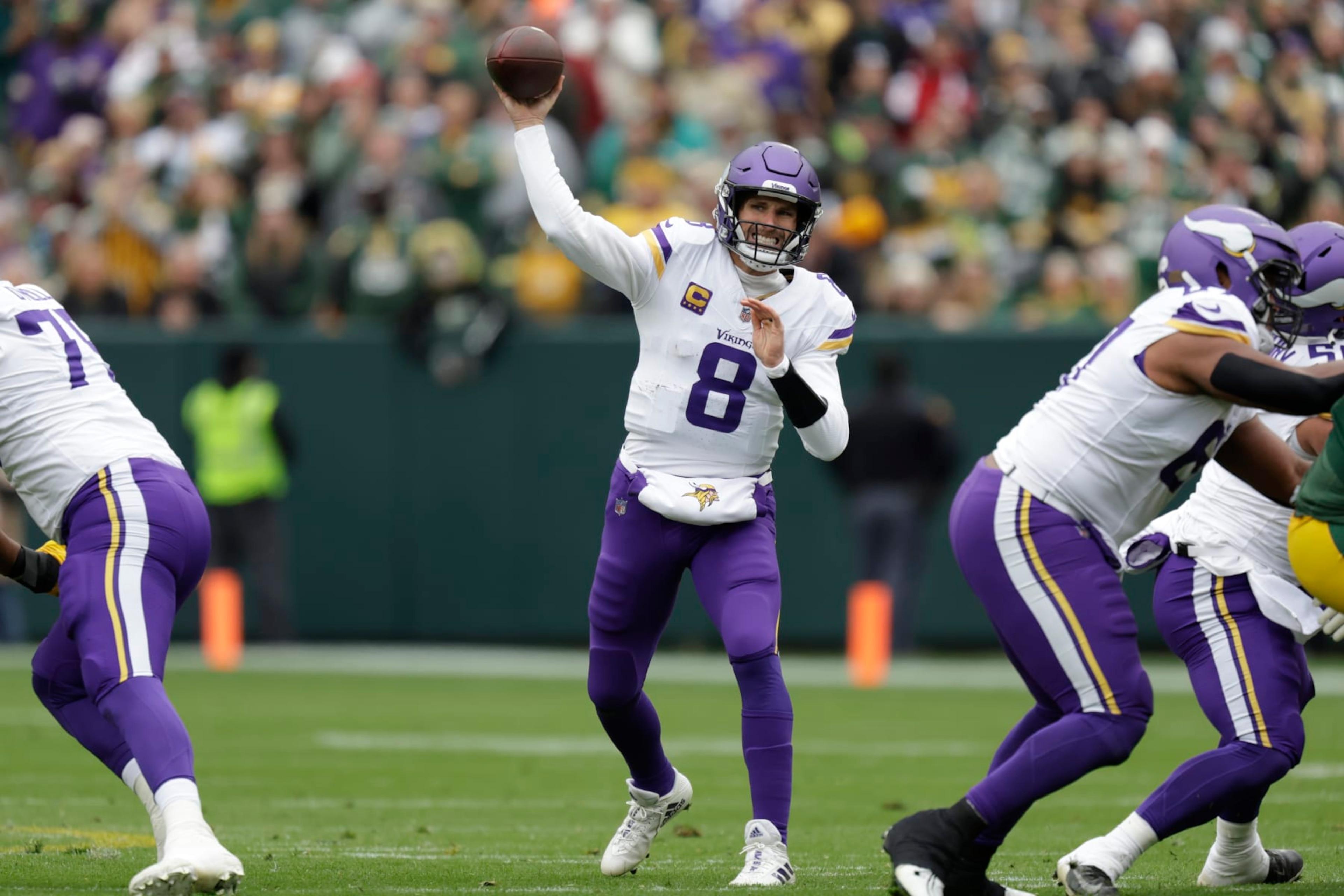 Minnesota Vikings quarterback Kirk Cousins (8) passes during the first half of an NFL football game against the Green Bay Packers, Sunday, Oct. 29, 2023, in Green Bay, Wis. (AP Photo/Matt Ludtke) Minnesota Vikings quarterback Kirk Cousins (8) passes during the first half of an NFL football game against the Green Bay Packers, Sunday, Oct. 29, 2023, in Green Bay, Wis. (AP Photo/Matt Ludtke)