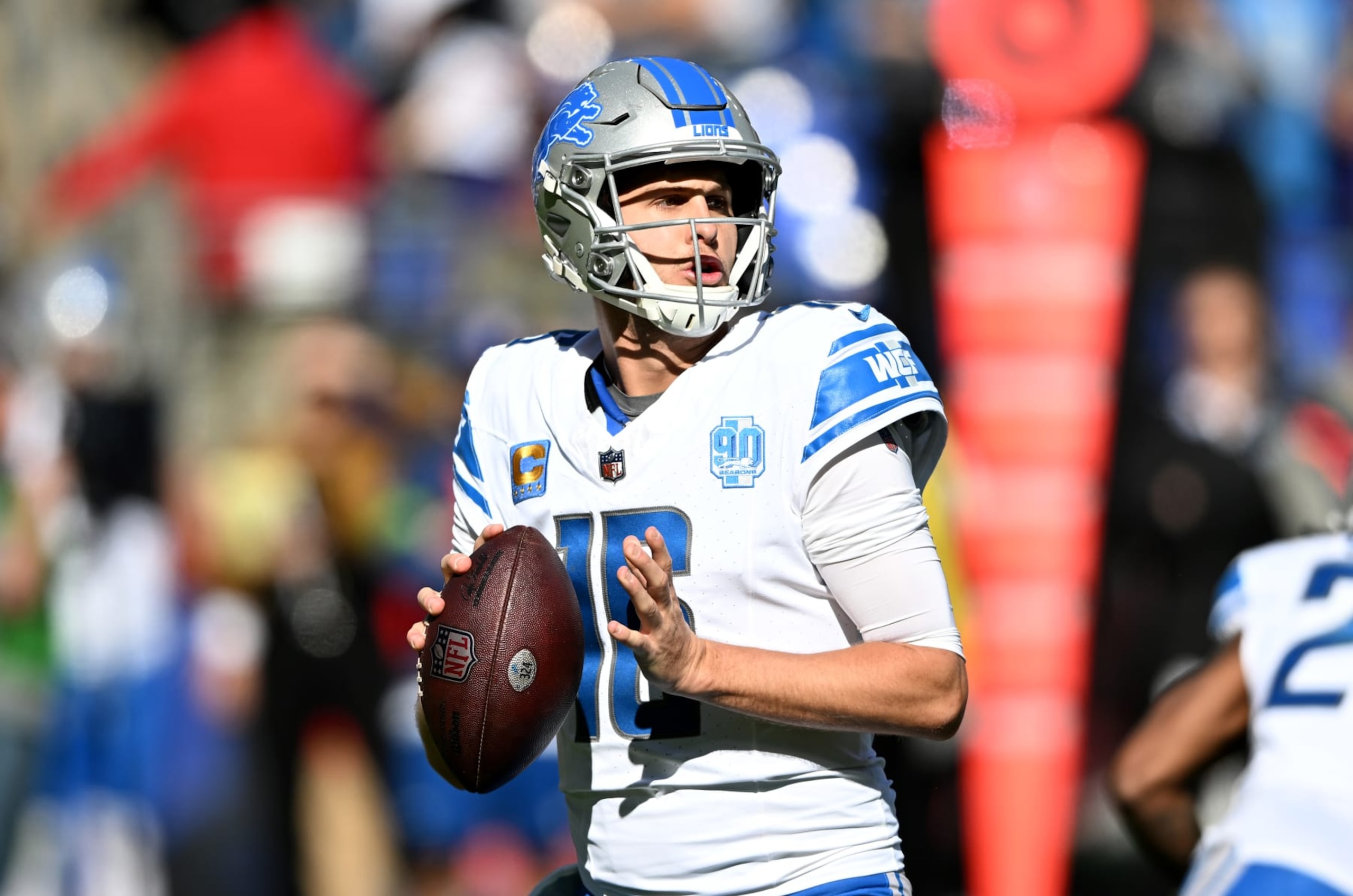 BALTIMORE, MARYLAND - OCTOBER 22: Jared Goff #16 of the Detroit Lions drops back to pass against the Baltimore Ravens at M&T Bank Stadium on October 22, 2023 in Baltimore, Maryland. (Photo by G Fiume/Getty Images)