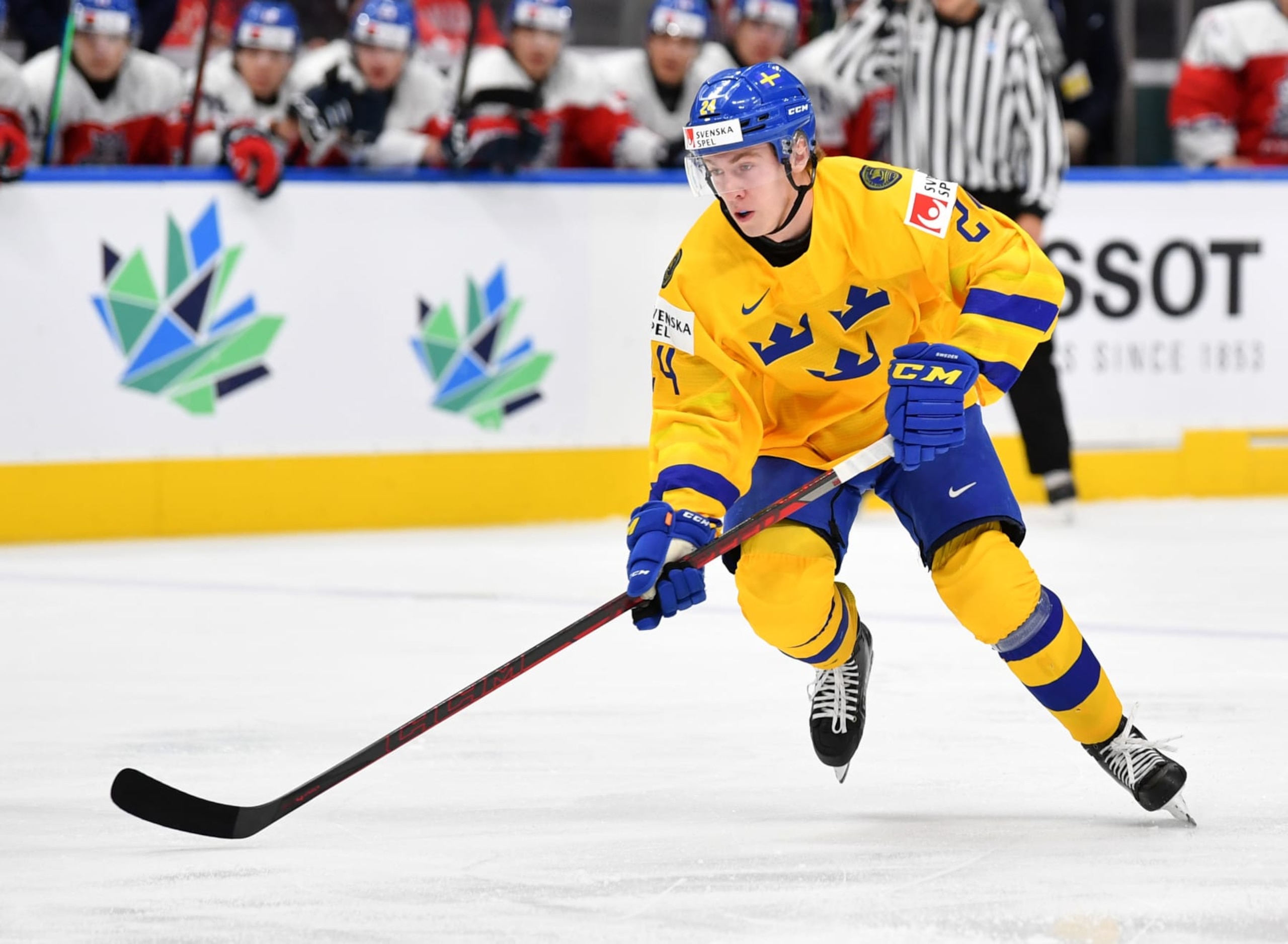 EDMONTON, AB - AUGUST 20: Jonathan Lekkerimaki #24 of Sweden skates during the game against Czechia in the IIHF World Junior Championship on August 20, 2022 at Rogers Place in Edmonton, Alberta, Canada (Photo by Andy Devlin/ Getty Images)