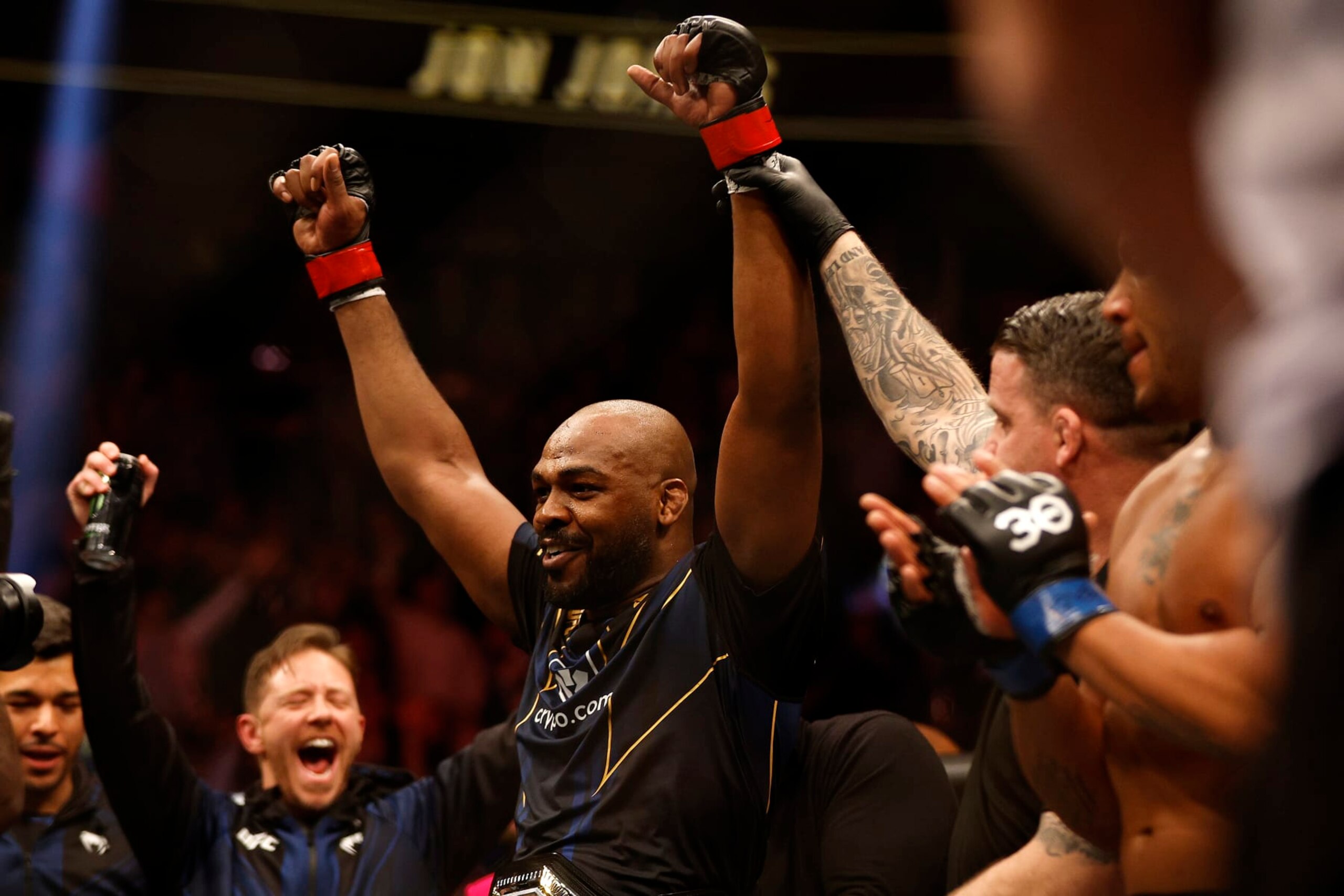 LAS VEGAS, NEVADA - MARCH 04: Jon Jones celebrates after winning during the UFC heavyweight championship fight against Ciryl Gane of France during the UFC 285 event at T-Mobile Arena on March 04, 2023 in Las Vegas, Nevada. (Photo by Chris Graythen/Getty Images)