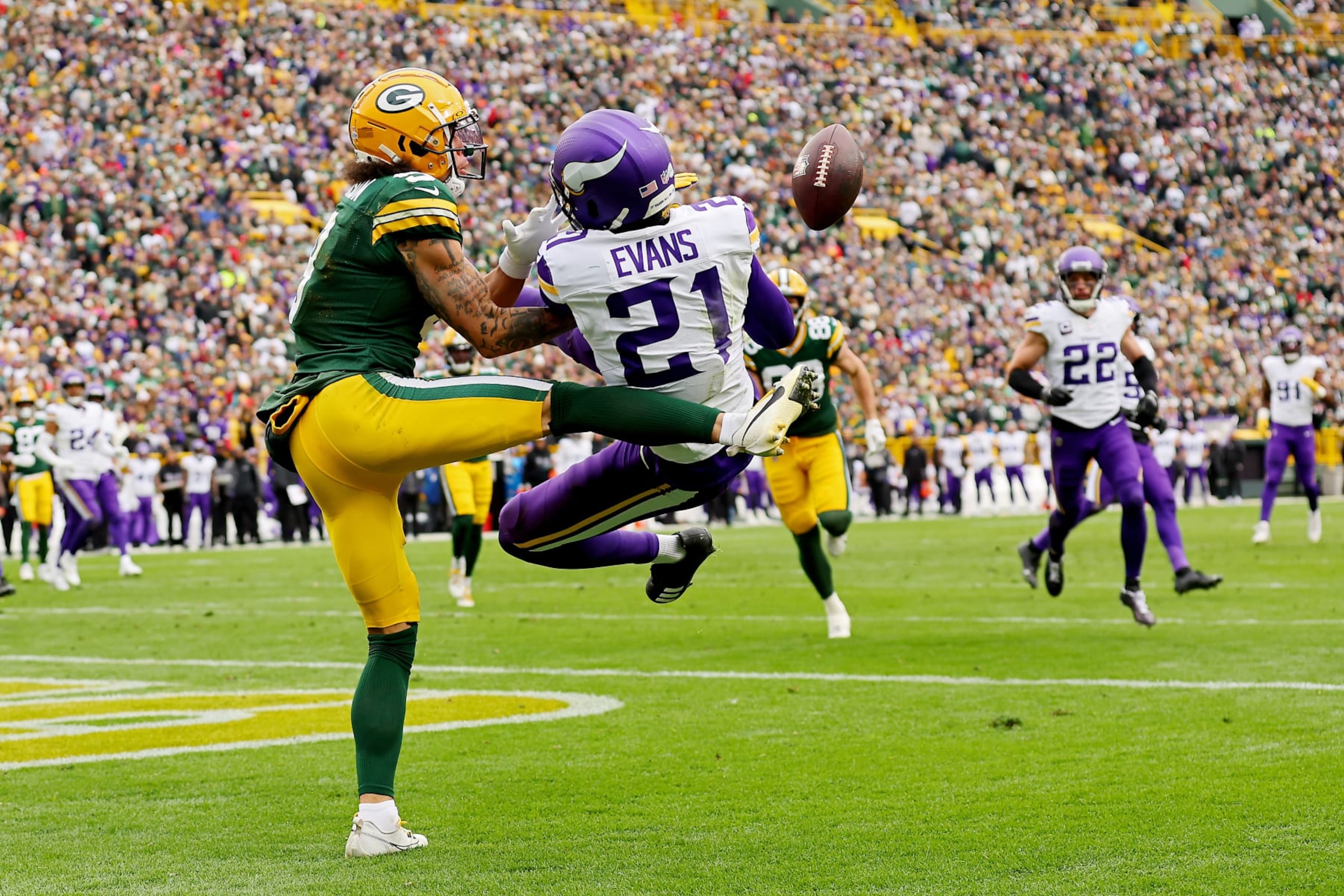 Vikings CB Akayleb Evans breaks up a pass intended for Christian Watson