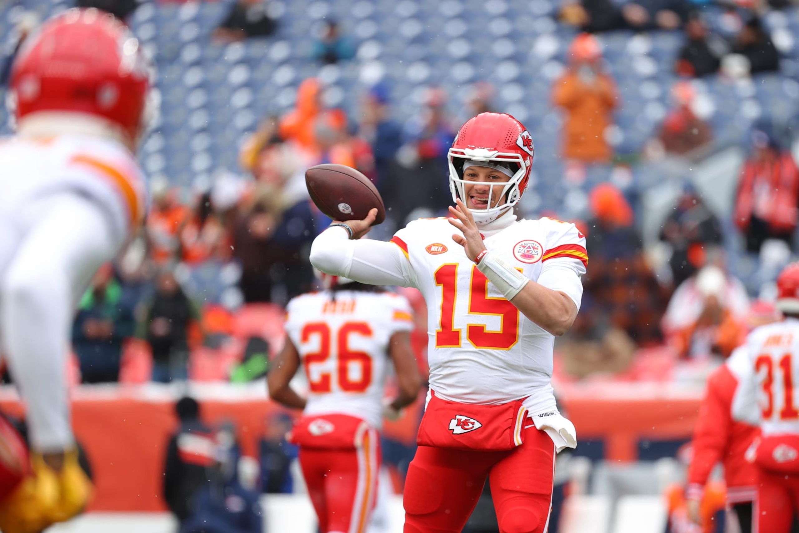 DENVER, COLORADO - OCTOBER 29: Patrick Mahomes #15 of the Kansas City Chiefs warms up prior to a game against the Denver Broncos at Empower Field At Mile High on October 29, 2023 in Denver, Colorado. (Photo by Justin Tafoya/Getty Images)