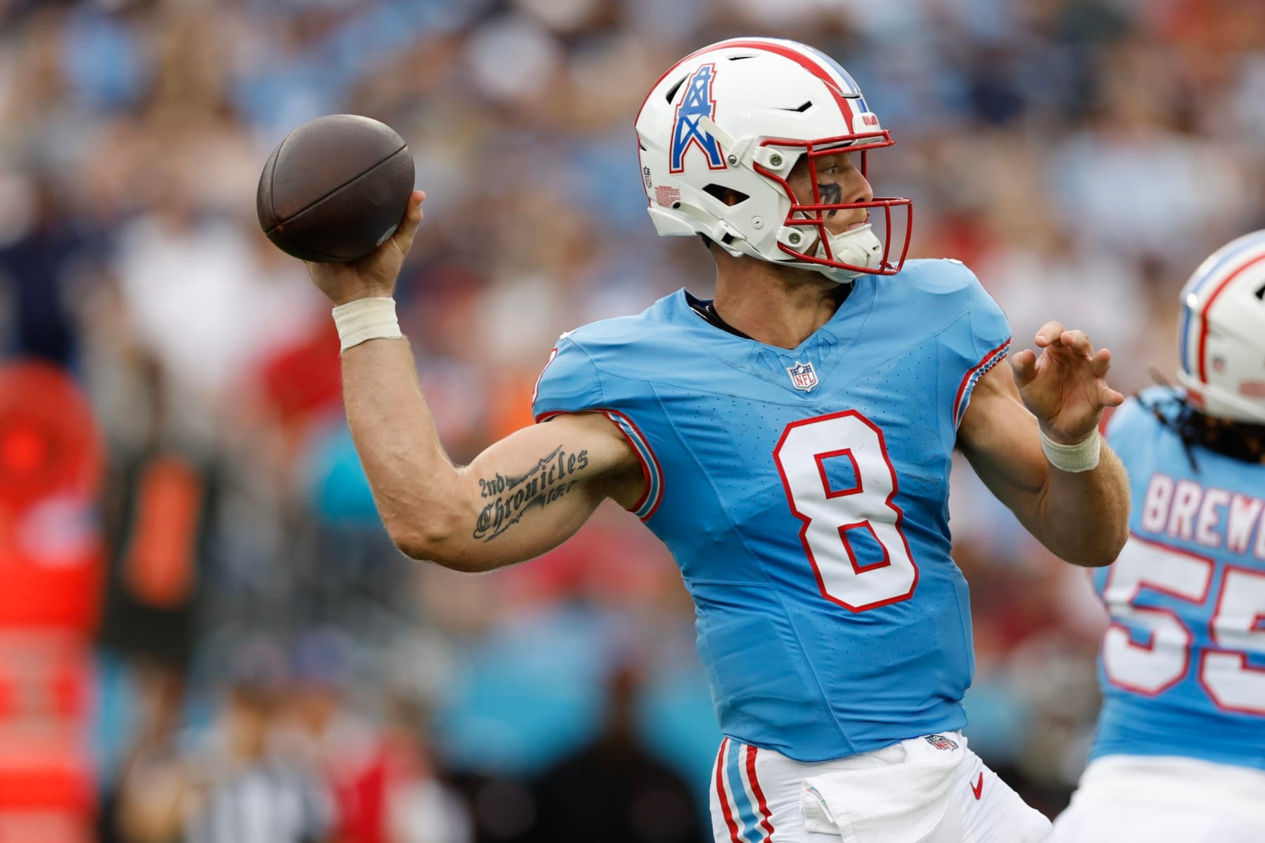NASHVILLE, TENNESSEE - OCTOBER 29: Will Levis #8 of the Tennessee Titans throws the ball during the first half against the Atlanta Falcons at Nissan Stadium on October 29, 2023 in Nashville, Tennessee. (Photo by Wesley Hitt/Getty Images)