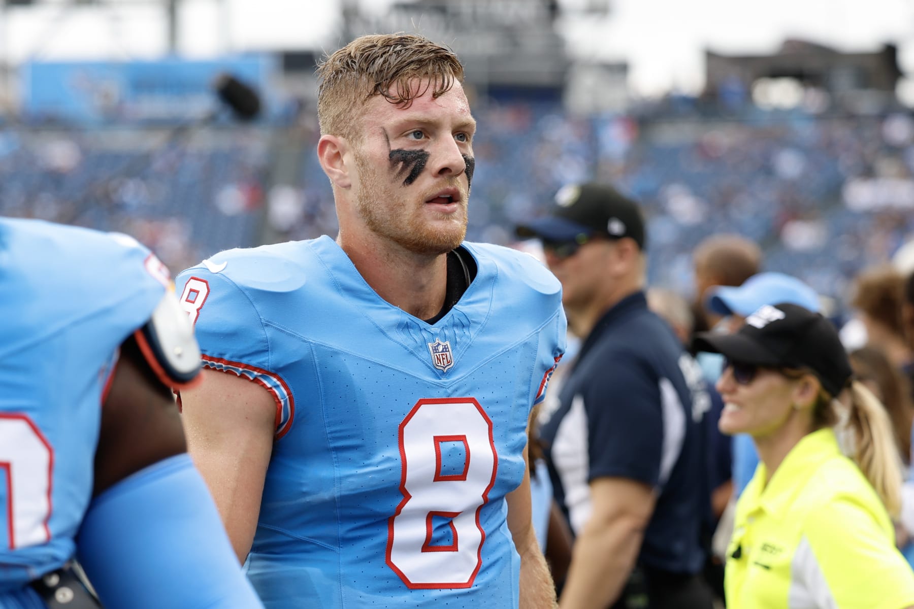 NASHVILLE, TENNESSEE - OCTOBER 29: Will Levis #8 of the Tennessee Titans looks on before the game against the Atlanta Falcons at Nissan Stadium on October 29, 2023 in Nashville, Tennessee. (Photo by Wesley Hitt/Getty Images)