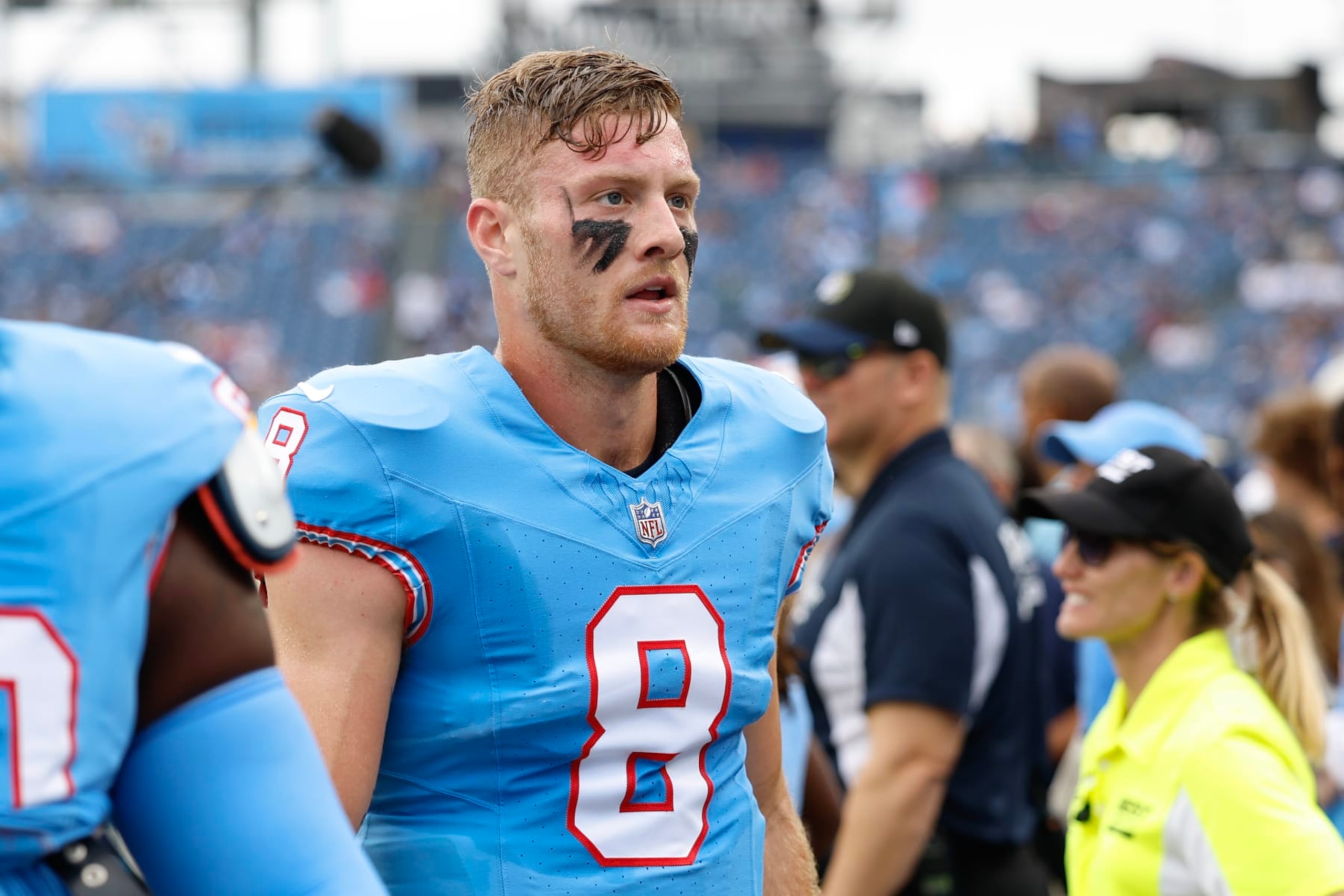 NASHVILLE, TENNESSEE - OCTOBER 29: Will Levis #8 of the Tennessee Titans looks on before the game against the Atlanta Falcons at Nissan Stadium on October 29, 2023 in Nashville, Tennessee. (Photo by Wesley Hitt/Getty Images)