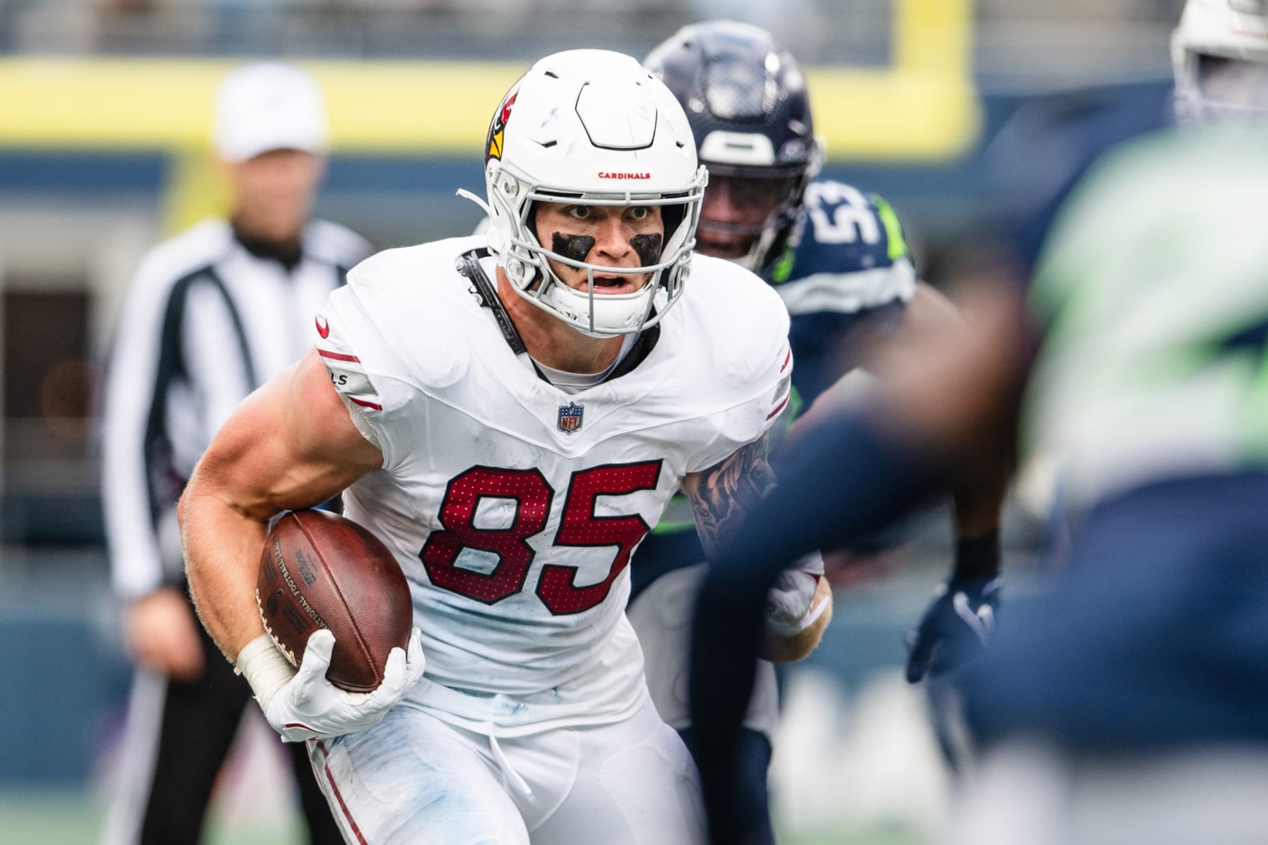 SEATTLE, WASHINGTON - OCTOBER 22: Trey McBride #85 of the Arizona Cardinals carries the ball during the third quarter of the game against the Seattle Seahawks at Lumen Field on October 22, 2023 in Seattle, Washington. (Photo by Jane Gershovich/Getty Images)