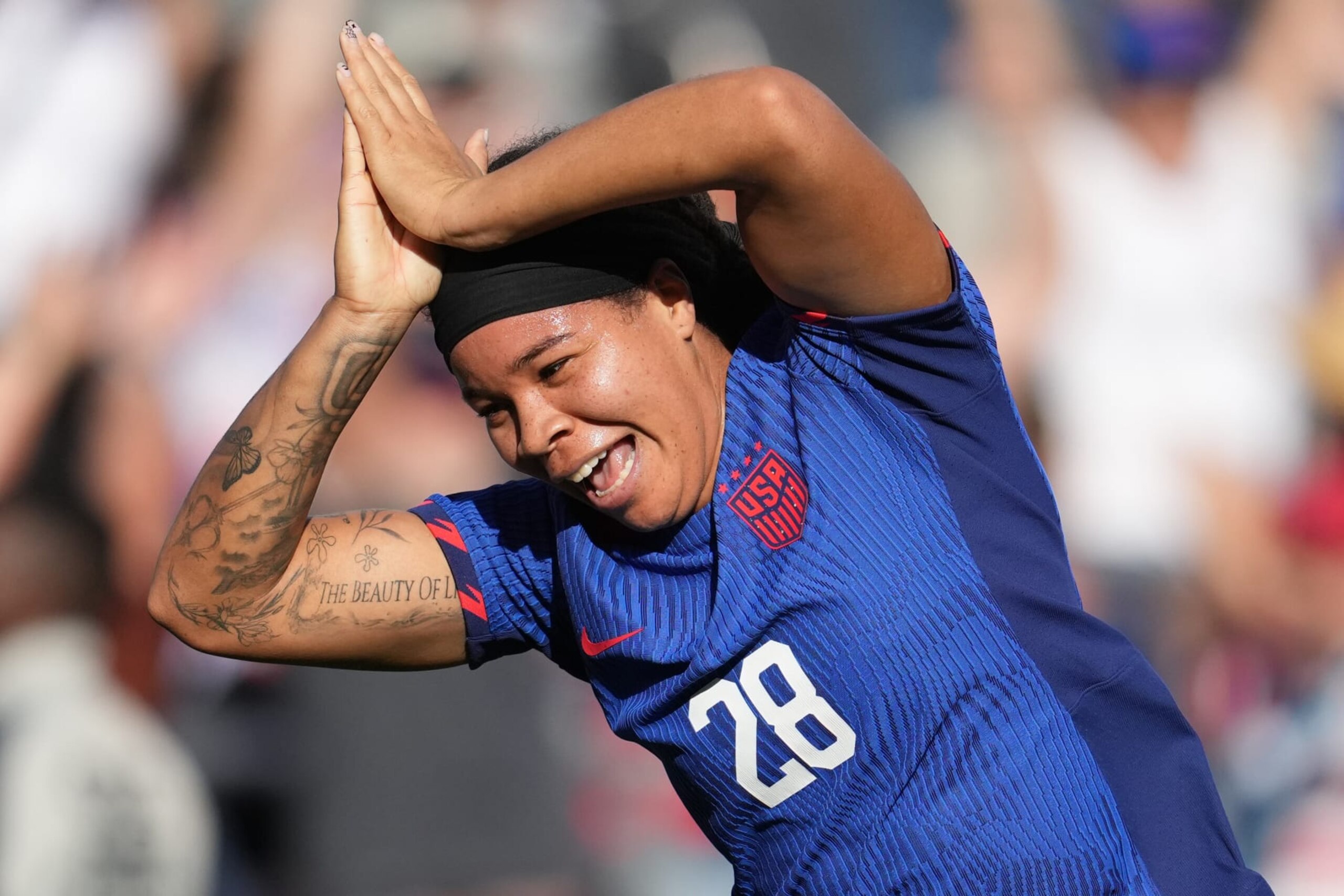 SAN DIEGO, CALIFORNIA - OCTOBER 29: Mia Fishel #28 of the United States celebrates scoring during the second half of an international friendly against Colombia at Snapdragon Stadium on October 29, 2023 in San Diego, California. (Photo by Brad Smith/ISI Photos/USSF/Getty Images for USSF)