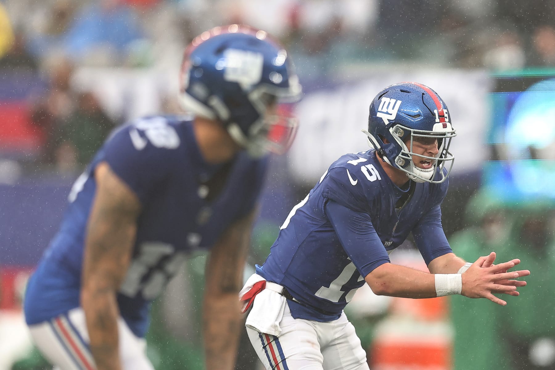 EAST RUTHERFORD, NEW JERSEY - OCTOBER 29: Tommy DeVito #15 of the New York Giants waits for a snap during the third quarter against the New York Jets at MetLife Stadium on October 29, 2023 in East Rutherford, New Jersey. (Photo by Dustin Satloff/Getty Images)