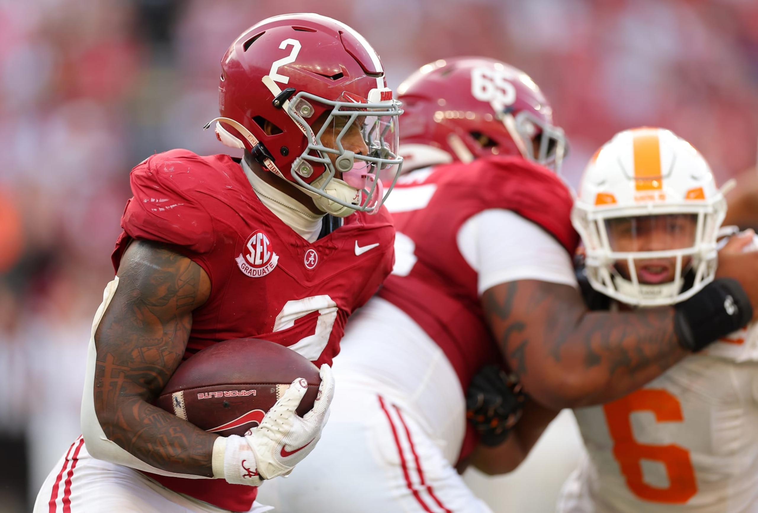 TUSCALOOSA, ALABAMA - OCTOBER 21:  Jase McClellan #2 of the Alabama Crimson Tide rushes against the Tennessee Volunteers during the fourth quarter at Bryant-Denny Stadium on October 21, 2023 in Tuscaloosa, Alabama. (Photo by Kevin C. Cox/Getty Images)