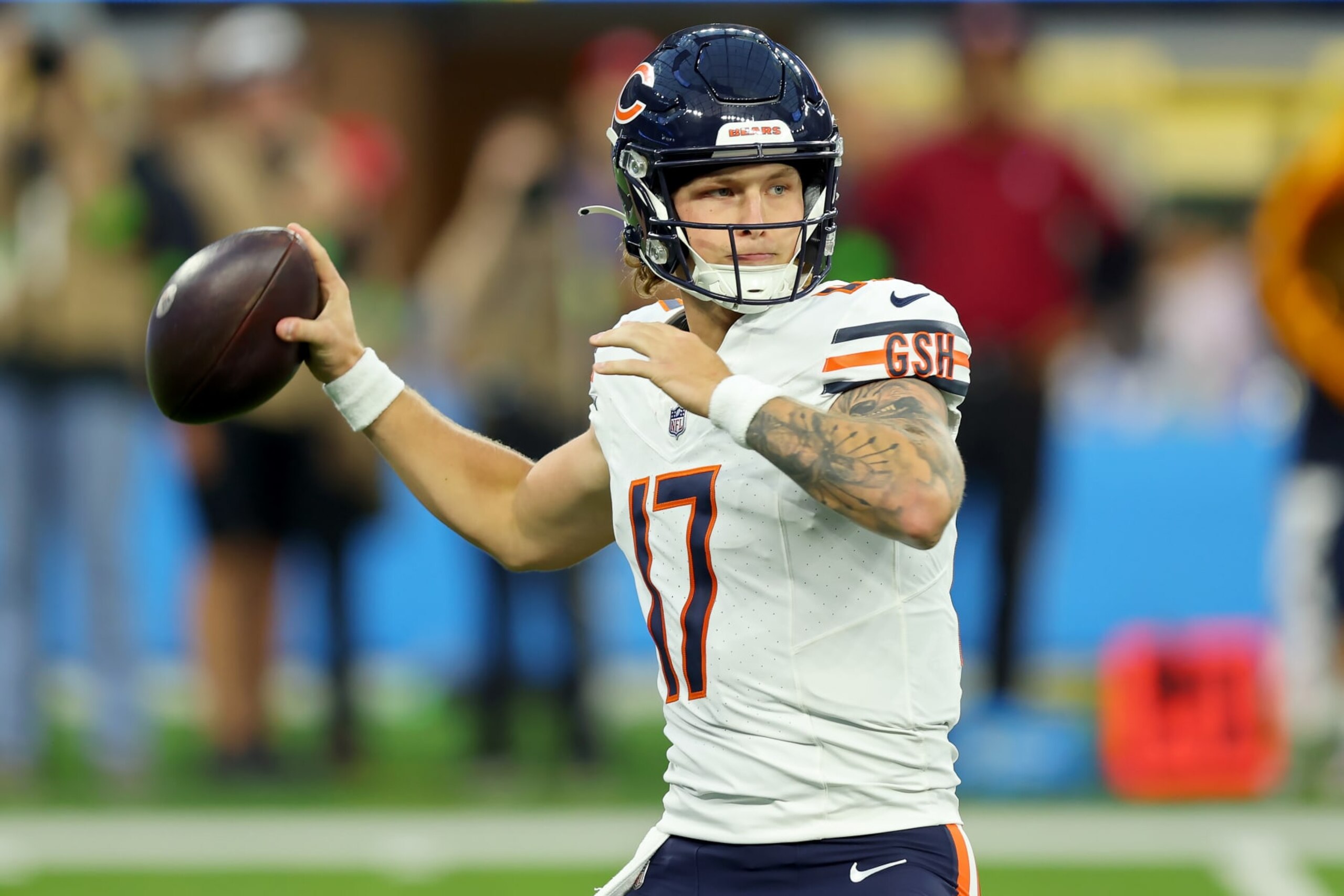 INGLEWOOD, CALIFORNIA - OCTOBER 29: Tyson Bagent #17 of the Chicago Bears throws a pass in the first quarter against the Los Angeles Chargers at SoFi Stadium on October 29, 2023 in Inglewood, California. (Photo by Joe Scarnici/Getty Images)