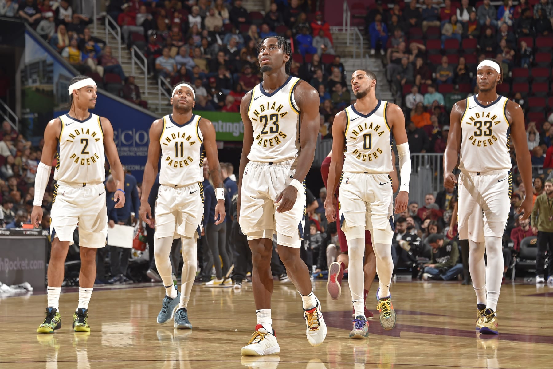 Andrew Nembhard, Bruce Brown, Aaron Nesmith, Tyrese Haliburton and Myles Turner