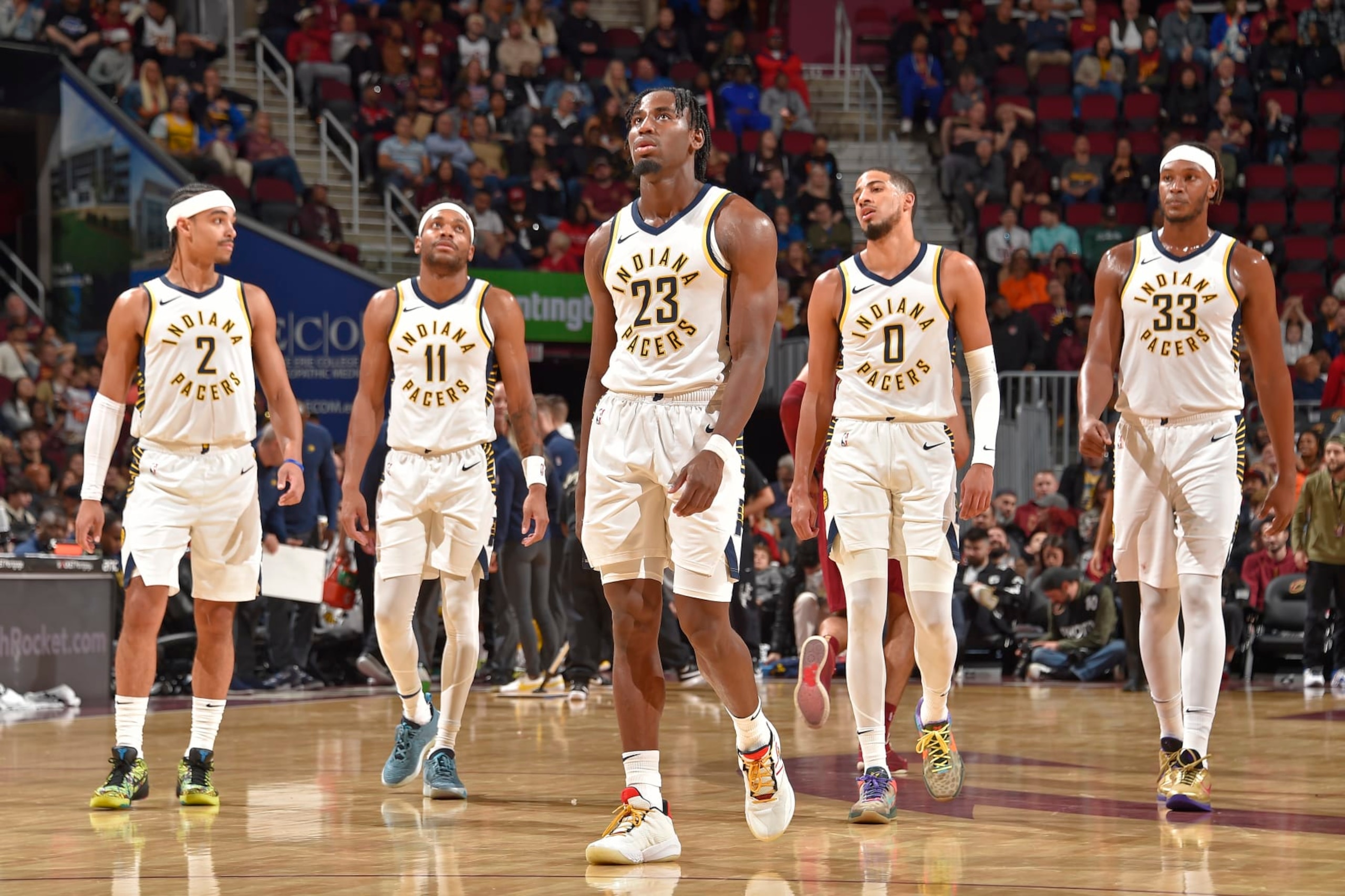 Andrew Nembhard, Bruce Brown, Aaron Nesmith, Tyrese Haliburton and Myles Turner