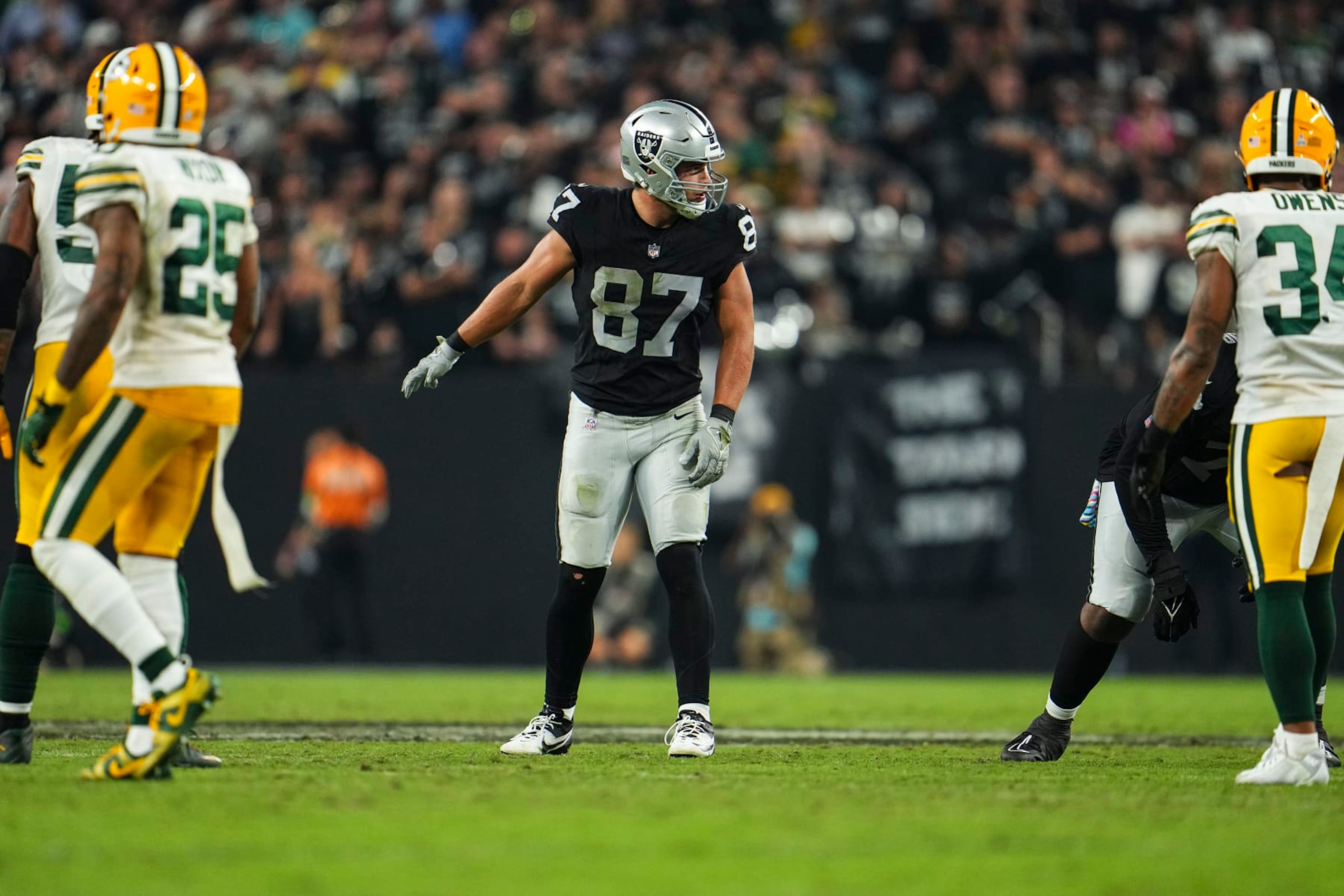 LAS VEGAS, NV - OCTOBER 09: Michael Mayer #87 of the Las Vegas Raiders lines up during an NFL football game against the Green Bay Packers at Allegiant Stadium on October 9, 2023 in Las Vegas, Nevada. (Photo by Cooper Neill/Getty Images)