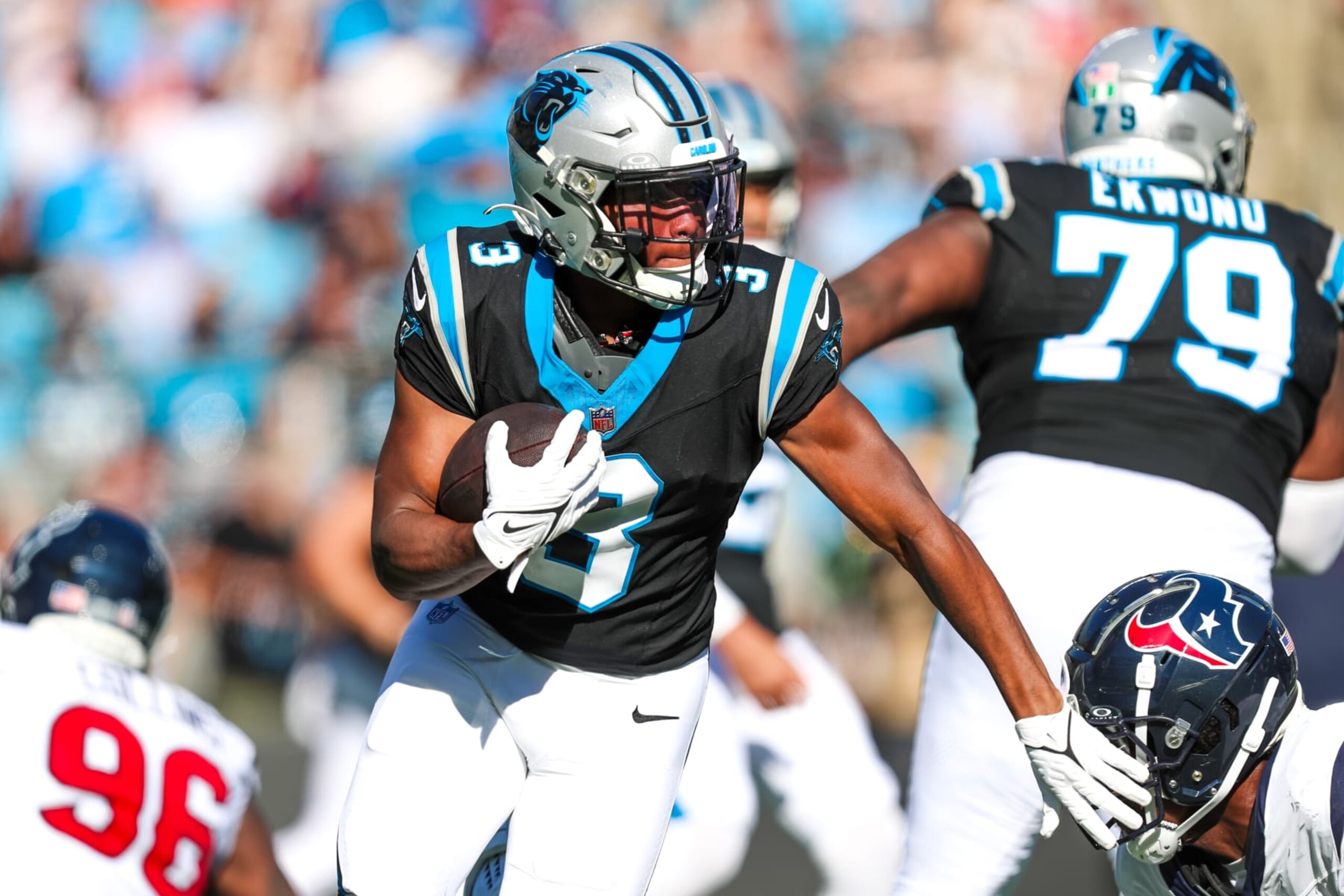 CHARLOTTE, NC - OCTOBER 29: Raheem Blackshear #3 of the Carolina Panthers runs the ball during a football game against the Houston Texans at Bank of America Stadium in Charlotte, North Carolina on Oct 29, 2023. (Photo by David Jensen/Icon Sportswire via Getty Images)
