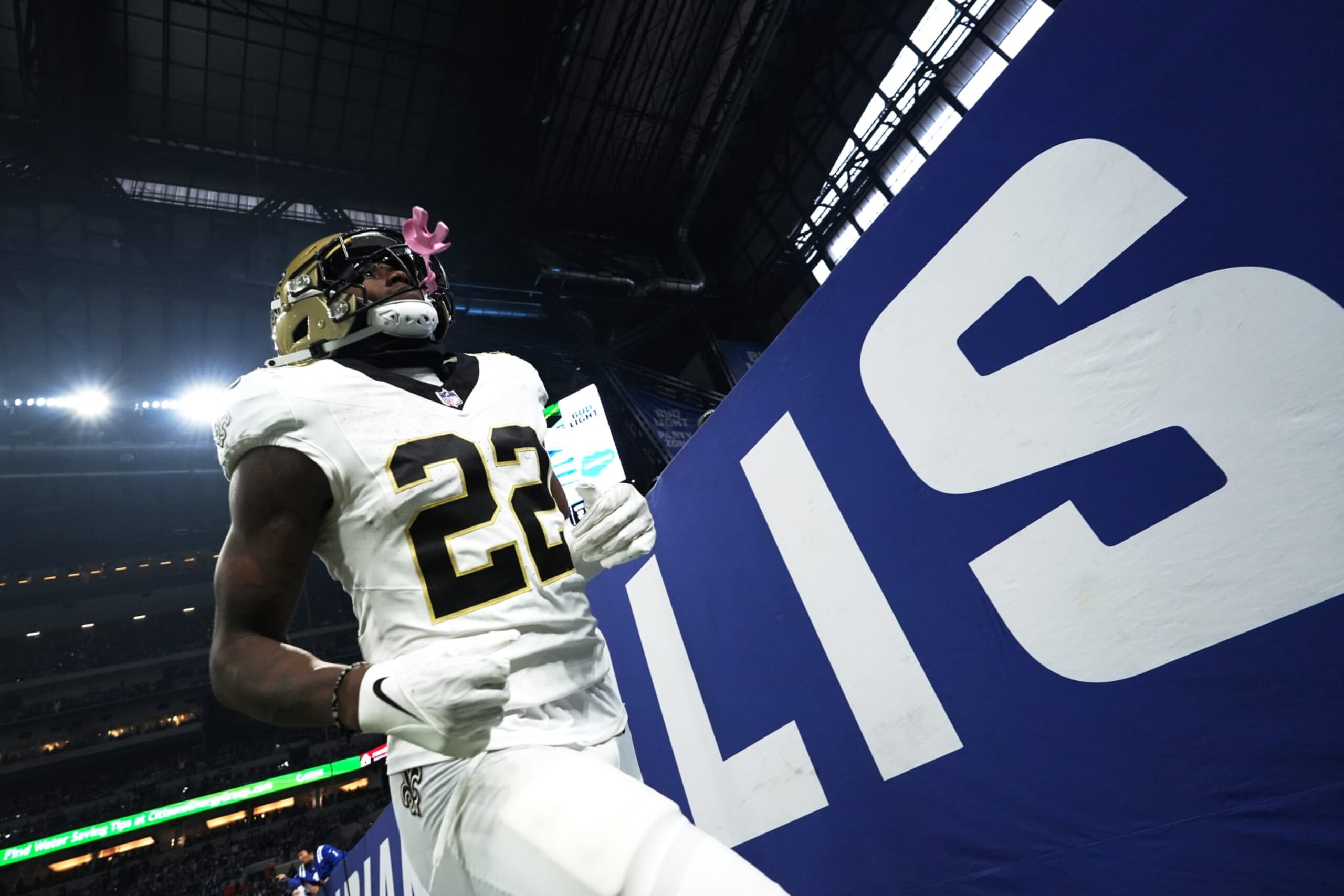 INDIANAPOLIS, INDIANA - OCTOBER 29: Rashid Shaheed #22 of the New Orleans Saints looks on during the first half against the Indianapolis Colts at Lucas Oil Stadium on October 29, 2023 in Indianapolis, Indiana. (Photo by Dylan Buell/Getty Images)