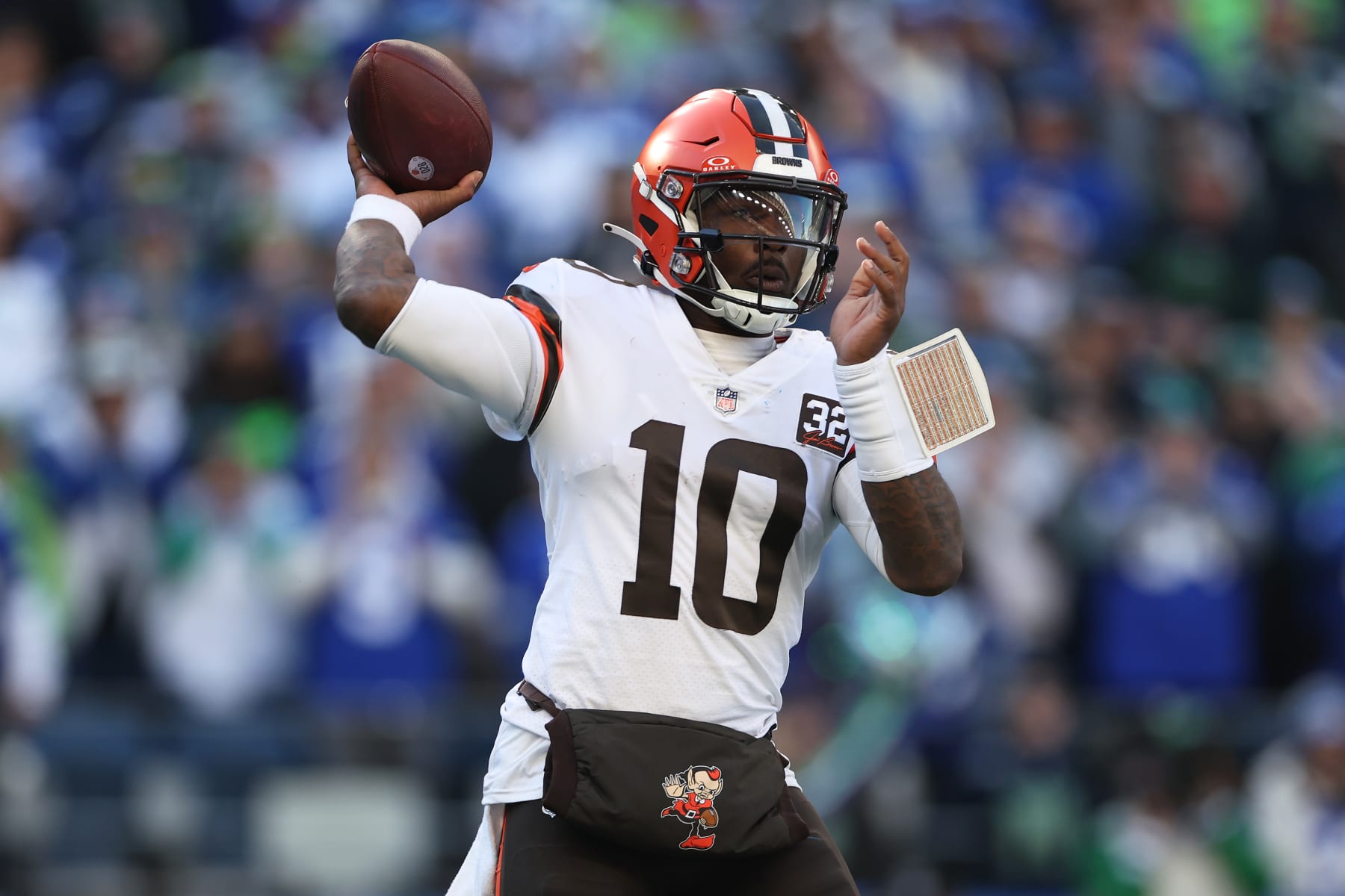 SEATTLE, WASHINGTON - OCTOBER 29: PJ Walker #10 of the Cleveland Browns throws a pass during the third quarter \against the Seattle Seahawks at Lumen Field on October 29, 2023 in Seattle, Washington. (Photo by Steph Chambers/Getty Images)