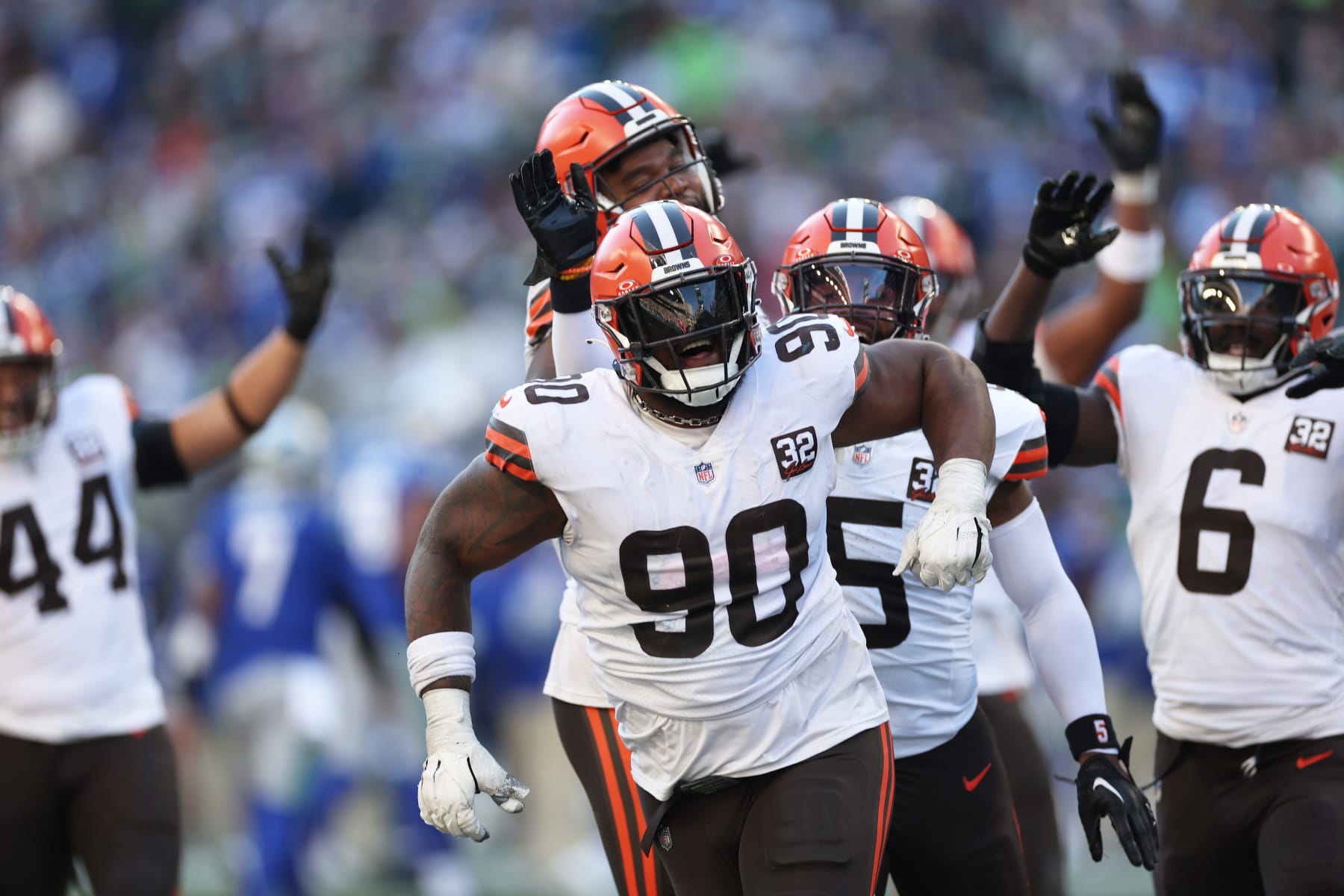 SEATTLE, WASHINGTON - OCTOBER 29: Maurice Hurst II #90 of the Cleveland Browns celebrates  an interception during the third quarter of a game against the Seattle Seahawks at Lumen Field on October 29, 2023 in Seattle, Washington. (Photo by Steph Chambers/Getty Images)