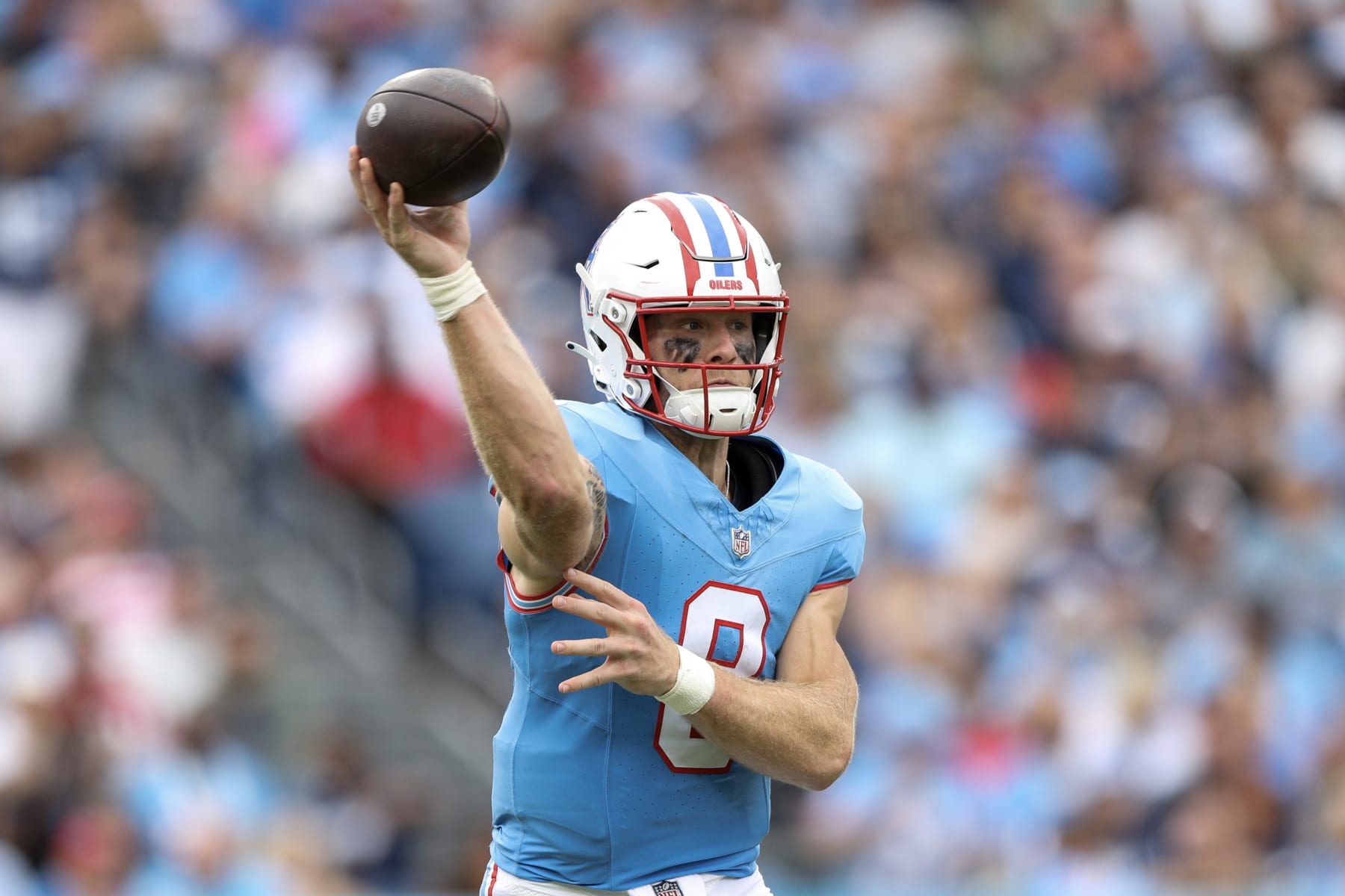 NASHVILLE, TENNESSEE - OCTOBER 29: Will Levis #8 of the Tennessee Titans throws the ball during the first half against the Atlanta Falcons at Nissan Stadium on October 29, 2023 in Nashville, Tennessee. (Photo by Justin Ford/Getty Images)