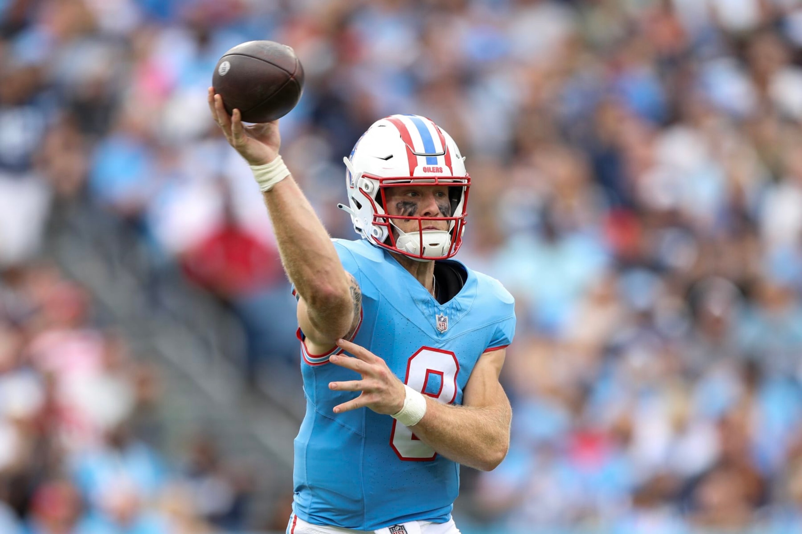 NASHVILLE, TENNESSEE - OCTOBER 29: Will Levis #8 of the Tennessee Titans throws the ball during the first half against the Atlanta Falcons at Nissan Stadium on October 29, 2023 in Nashville, Tennessee. (Photo by Justin Ford/Getty Images)