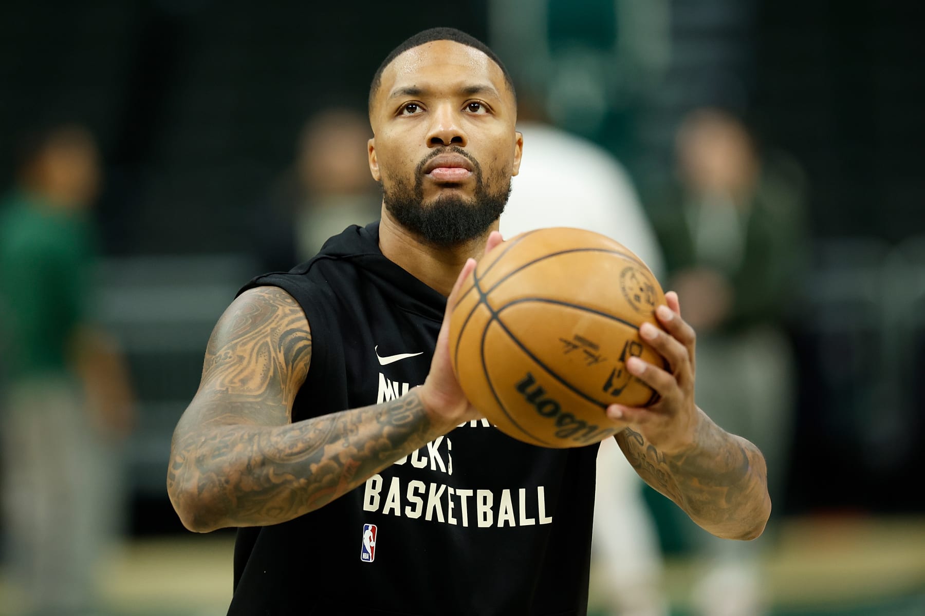 MILWAUKEE, WISCONSIN - OCTOBER 29: Damian Lillard #0 of the Milwaukee Bucks works out before the game against the Atlanta Hawks at Fiserv Forum on October 29, 2023 in Milwaukee, Wisconsin. NOTE TO USER: User expressly acknowledges and agrees that, by downloading and or using this photograph, User is consenting to the terms and conditions of the Getty Images License Agreement. (Photo by John Fisher/Getty Images)