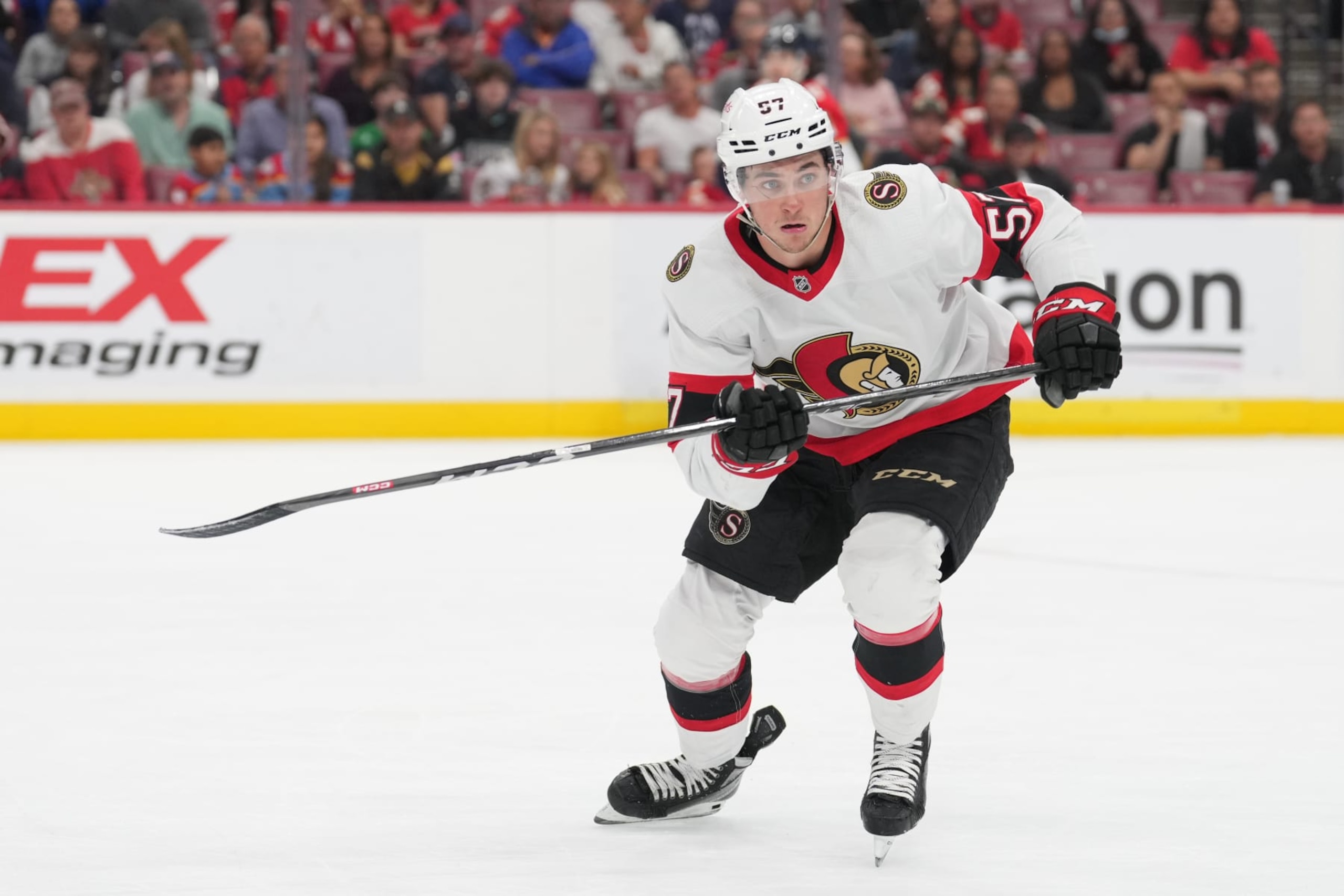 SUNRISE, FL - APRIL 06: Ottawa Senators center Shane Pinto (57) tries to cut off the puck during the game between the Ottawa Senators and the Florida Panthers on Thursday, April 6, 2023 at FLA Live Arena in Sunrise, Fla. (Photo by Peter Joneleit/Icon Sportswire via Getty Images)